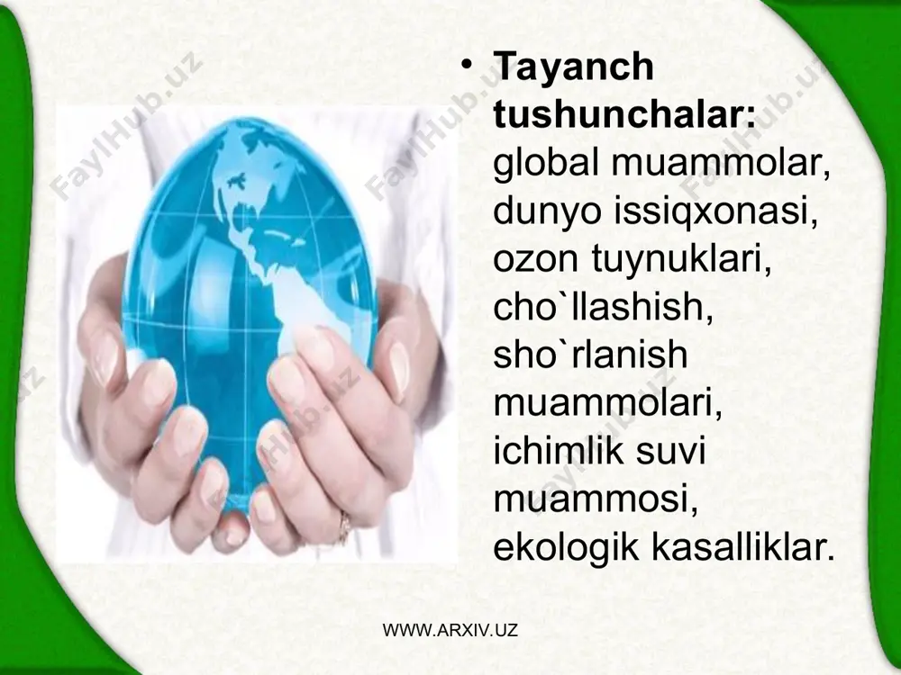 n va qurilish maqsadida ishlatish uchun kesib yuborilishi o`rmonlarni qisqarishiga sabab bo`lmoqda. hozirgi davrda lotin amerikasi mamlakatlarining 20%i, afrikaning 60%i va osiyo mamlakatlarining 10%i energiya ehtiyoji o`tin yoqish hisobiga qondirilmoqda. shuning oqibatida faqat rivojlanayotgan mamlakatlarning o`zida yiliga 2 mlrd. m3 o`rmon o`tinga aylanmoqda. yaqin chorak asr mobaynida okean suvlarining ifloslanishi 1,5-3 martaga ko`payishi kutilmoqda. dunyo okeani suvlariga yiliga taxminan 10 mln. tonna neft mahsulotlari qo`shilmoqda. uning 44% ga yaqini daryolar orqali tushayotgan bo`lsa, qolgan qismi dengiz floti zimmasiga to`ri kelmoqda. dengiz ostidan neft qazib olish oqibatida yiliga 100-200 ming tonna neft quduqlaridan chiqib okean suvini ifloslantirmoqda. www.arxiv.uz www.arxiv.uz www.arxiv.uz www.arxiv.uz suv o`zining erituvchanlik hususiyati bilan yerda hayotni ta`minlab turibdi. sayyoramizning to`rtdan uch qismini suv tashkil etsa ham, uning 1-2% ichishga yaroqlidir. hozirgi vaqtda sayyoramizda ichimlik suvi katastrofik darajada kamayib ketmoqda. uning kamayishini asosiy sababi oldingi ichishga yaroqli bo`lgan suv havzalarini ifloslantirish, ba`zi kimyoviy zavodlarda undan ko`p foydalanish orqali sodir bo`layapti. …