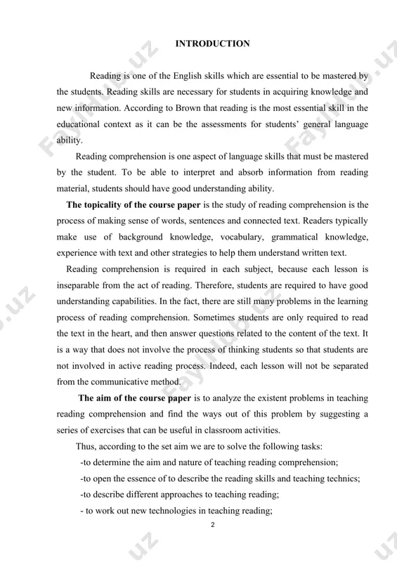 blem by suggesting a series of exercises that can be useful in classroom activities. thus, according to the set aim we are to solve the following tasks: -to determine the aim and nature of teaching reading comprehension; -to open the essence of to describe the reading skills and teaching technics; -to describe different approaches to teaching reading; - to work out new technologies in teaching reading; the scientific novelty: few would dispute the claim that comprehension is necessary in order for language acquisition to occur. in order to communicate effectively, learners must understand what is being said. to function successfully with a target language, learners depend upon their ability to comprehend the spoken and written word. empirical studies have identified a positive relationship between listening ability and language acquisition as well as between reading ability and language acquisition. the theoretical and practical value of the course paper consist in the …