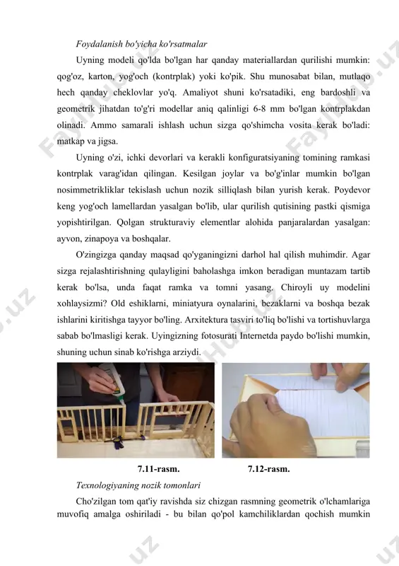 tirilgan plastik yoki yog'och ramkalar bilan oynalarga millimetr qalinlikdagi pleksiglasni joylashtiring. 5. alohida kontrplak varag'ini oling va uy uchun gable tomini, so'ngra uyni hovli bilan to'ldirishni istasangiz, alohida binolar uchun tomlarni ko'ring. yupqa qalaydan pastga tushadigan quvurlar va oluklarni lehimlang va keyin ularni tom yonbag'irlariga mahkamlang. bacalar kichik yog'och bo'laklaridan yasalgan. 6. keyinchalik, kichik detallar tayyor bo'lgach, uyni yig'ishni boshlang. birinchidan, uyning qutisini yig'ing, keyin tomni ustiga qo'ying, so'ngra tashqi eshiklardagi verandalarni mahkamlang. 7. uy yanada chiroyli ko'rinishi uchun kontrplak plitalarining bo'g'inlarini yopadigan individual chiroyli ustunlar yoki shlyapalarni o'yib chiqing. binoning sirtini silliqlash, uni dog 'va lak bilan qoplash yoki bo'yoq bilan bo'yash. 8. ibtidoiy modellar bilan qurilish modellarini ishlab chiqarishni boshlang - aytaylik, kichik kulbalar yoki omborlar. shundan so'ng siz o'z bilimingizni oshirib, murakkabroq sxemalarni qurishga o'tishingiz mumkin. odamlar o'z uylarini qurishni rejalashtirayotganda, birinchi navbatda uning tartibini tuzish hamma uchun qulayroqdir. bu potentsial egalarga o'zlarining kelajakdagi uylariga vizual qarashga …