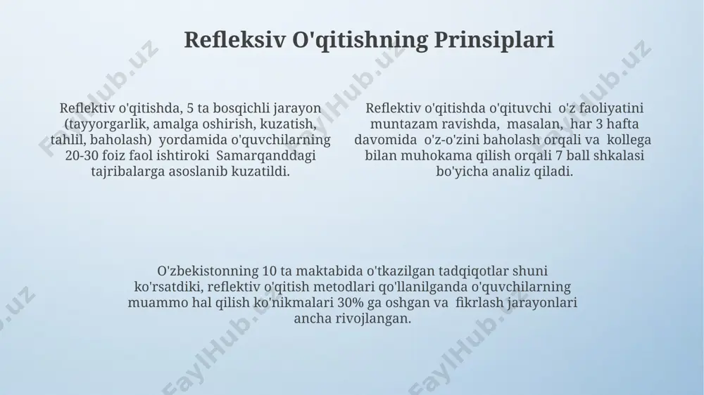 innovatsiyalar ta'limda singapur ta'lim tizimi, ijodiy loyihalar orqali 5 yoshdan boshlab bolalarda innovatsion fikrlashni rivojlantirishga alohida e'tibor qaratadi, bu esa 15 yoshga kelib sezilarli natijalarga olib keladi. innovatsion pedagogik texnologiyalarni, masalan, "o'yinlashtirish" (gamification) metodini qo'llash orqali andijon viloyatidagi 3 ta maktabda o'quvchilarning darsga bo'lgan qiziqishi 25% ga oshgan. 2022-yilgi tadqiqotlar shuni ko'rsatdiki, o'zbekiston maktablari o'quvchilarining 70% ijodiy fikrlash ko'nikmalarini rivojlantirishda kamchiliklarga ega bo'lib, innovatsion yondashuvlarni qo'llashga ehtiyoj seziladi. o'quvchining ijodkorlik qobiliyatini rivojlantirish o'zbekistonning 12 ta viloyatida o'tkazilgan tadqiqotlar shuni ko'rsatdiki, "lego education" konstruktorlari yordamida 8-10 yoshli o'quvchilarning fazoviy tasavvur va muammo yechish ko'nikmalari 30% ga oshgan. o'quvchilarning ijodkorlik qobiliyatini rivojlantirishda 5-7 yoshdagi bolalarga mo'ljallangan "ranglar olamiga sayohat" nomli 10 ta amaliy mashg'ulot samarqand shahridagi bolalar bog'chalarida samarali qo'llanilmoqda. andijon viloyatining maktablarida qo'llaniladigan "aqlli o'yinlar" metodikasi o'quvchilarning ijodiy yozish va hikoya tuzish qobiliyatini 2-3 baravar oshirishga yordam bermoqda. o'z-o'zini baholash va refleksiya oʻz-oʻzini baholash jarayoni, 5 bosqichli modelga asoslanib, talabalarning samarqanddagi …
