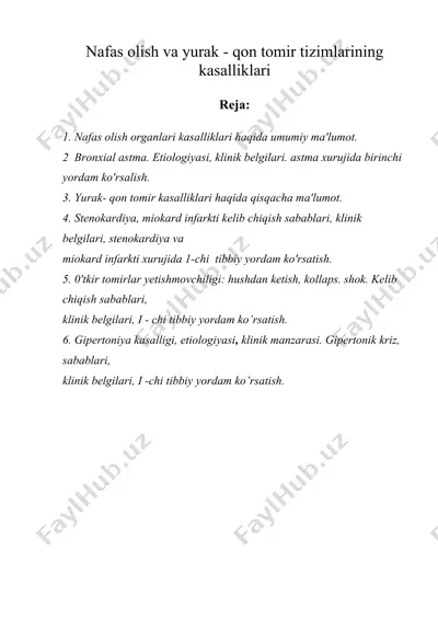 nafas olish va yurak - qon tomir tizimlarining kasalliklari — DOC
