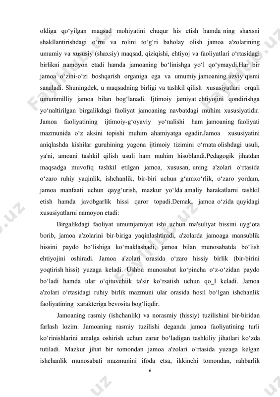 yuzaga keladi. ushbu munosabat ko‘pincha o‘z-o‘zidan paydo bo‘ladi hamda ular o‘qituvchiik ta'sir ko‘rsatish uchun qo‗l keladi. jamoa a'zolari o‘rtasidagi ruhiy birlik mazmuni ular orasida hosil bo‘lgan ishchanlik faoliyatining xarakteriga bevosita bog‘liqdir. jamoaning rasmiy (ishchanlik) va norasmiy (hissiy) tuzilishini bir-biridan farlash lozim. jamoaning rasmiy tuzilishi deganda jamoa faoliyatining turli ko‘rinishlarini amalga oshirish uchun zarur bo‘ladigan tashkiliy jihatlari ko‘zda tutiladi. mazkur jihat bir tomondan jamoa a'zolari o‘rtasida yuzaga kelgan ishchanlik munosabati mazmunini ifoda etsa, ikkinchi tomondan, rahbarlik vazifasini bajaruvchi shaxslar tomonidan jamoa a'zolarining xatti-harakatlari va intilishlarini muvofiqlashtirish yo‘lida tashkil etilayotgan boshqaruv faoliyati mohiyatini yoritishga xizmat qiladi. norasmiy tuzilma jamoaning barcha a'zolari o‘rtasidagi shaxslararo ma'naviy-psixologik munosabatlarning umumiy tizimi va mikroguruhni tashkil qiluvchi ayrim a'zolar o‘tasidagi tanlash munosabatlari mazmunini ifodalaydi. jamoaning har bir a'zosi mavjud munosabatlar tizimida u yoki bu o‘rinni egallaydi. o‘quvchining jamoadagi o‘rni uning shaxs sifatida shakllanishi va kamolotga erishishiga muhim ta'sir ko‘rsatadi. kasb-hunar kollej yoki sinfdagi rasmiy va norasmiy tuzilmalar bir-biriga …