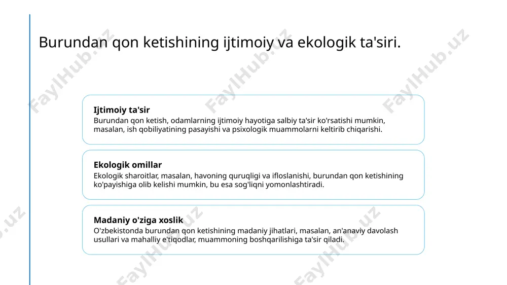 - burundan qon ketishining asosiy sabablari, kasalliklar va ekologik omillarni o'z ichiga oladi. bu omillarni aniqlash muhimdir. 2 klinik belgilari va tashxis - burundan qon ketishining klinik belgilari va tashxis jarayoni, simptomlarni tahlil qilish orqali aniqlanadi, bu esa natijada to'g'ri davolanishni ta'minlaydi. 3 davolash yondashuvlari - burundan qon ketishini davolashda an'anaviy va zamonaviy usullar qo'llaniladi. ularning samaradorligi shaxsiy holatga qarab farq qiladi va o'z vaqtida muvofiqlashtirilishi kerak. e'tiboringiz uchun rahmat! /docprops/thumbnail.jpeg