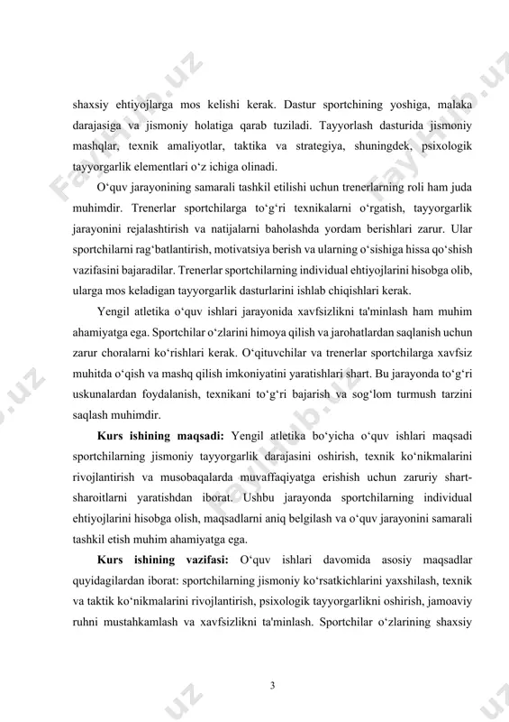 onini samarali tashkil etish muhim ahamiyatga ega. kurs ishining vazifasi: o‘quv ishlari davomida asosiy maqsadlar quyidagilardan iborat: sportchilarning jismoniy ko‘rsatkichlarini yaxshilash, texnik va taktik ko‘nikmalarini rivojlantirish, psixologik tayyorgarlikni oshirish, jamoaviy ruhni mustahkamlash va xavfsizlikni ta'minlash. sportchilar o‘zlarining shaxsiy maqsadlariga erishishlari uchun individual rejalashtirish va nazorat qilish orqali o‘z qobiliyatlarini to‘liq ochish imkoniyatiga ega bo‘lishlari kerak. kurs ishining tarkibiy tuzilmasi:ushbu kurs ishi 2 ta bob 6 ta reja,xulosa va foydalanilgan adabiyotlardan iborat. i.bob.yengil atletika o‘quv ishlarini tashkil qilish. 1.1.yengil atletika o‘quv ishlari va uning maqsadlari. yengil atletika – bu sportning eng qadimiy va keng tarqalgan turlaridan biri bo‘lib, uning o‘quv ishlari sportchilarni tayyorlash, ularning jismoniy qobiliyatlarini oshirish va sportga bo‘lgan qiziqishni rivojlantirishda muhim ahamiyatga ega. yengil atletika o‘quv ishlari sportchilarning yugurish, sakrash va tashlash kabi asosiy yo‘nalishlarida malakalarini oshirishga qaratilgan[footnoteref:2]. bu faoliyatlar nafaqat jismoniy tayyorgarlikni yaxshilaydi, balki ruhiy va psixologik jihatlarni ham rivojlantiradi. o‘quv jarayonida sportchilar o‘z qobiliyatlarini sinab ko‘rish, natijalarni …