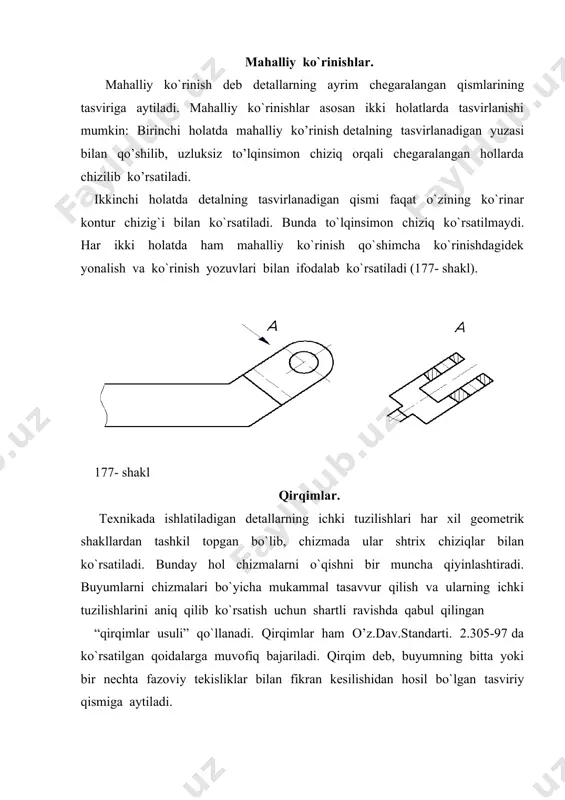 o’zgarish koeffisientlariga nisbatan quyidagi turlarga bo’linadi. a) izometriya – bunda u = v = w koeffisientlar o’zara teng bo’ladi. b) dimetriya –bunda o’zgarish koyffisientlaridan ikkitasi o’zaro teng bo’lib, uchinchisi esa ularga teng bo’lmaydi (u = w ≠ v ). c) trimetriya – bunda o’zgarish koyffisentlari o’zaro teng bo’lmaydi, yani u ≠ w ≠ v . aksonometrik proyeksiya turlaridan izometriya va dimetriyani ko’rib chiqamiz. izometriya. to’g’ri burchakli izometriyada koordinata o’qlari orasidagi burchaklar o’zaro teng, ya’ni 120o bo’ladi 181a-shakl . qiyshiq burchakli izometriyalarda koordinata o’qlarining o’zaro joylashuvi uning turiga bog’liq bo’ladi, qiyshiq burchakli frontal izometriyada (181b-shakl), qiyshiq burchakli gorizontal izometriyada (181c-shakl) koordinata o’qlarining o’zaro joylashishiga e’tibor bering. 181- shakl a b c to’g’ri burchakli izometriyada aylananing ellips shaklida chiziladi, bunda ellipsning katta o’qi 1.22d ga va kichik o’qi 0.7d ga teng bo’ladi. 182- shakl dimetriya. to’g’ri burchakli dimetriyada koordinata o’qlari 183ashakldagidek, qiyshiq burchakli dimetriyada 183b-shakldagidek chiziladi. a b 183- shakl to’g’ri burchakli …