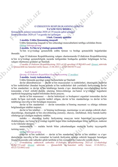 o'zbekiston respublikasining ta'lim qonuni — DOC