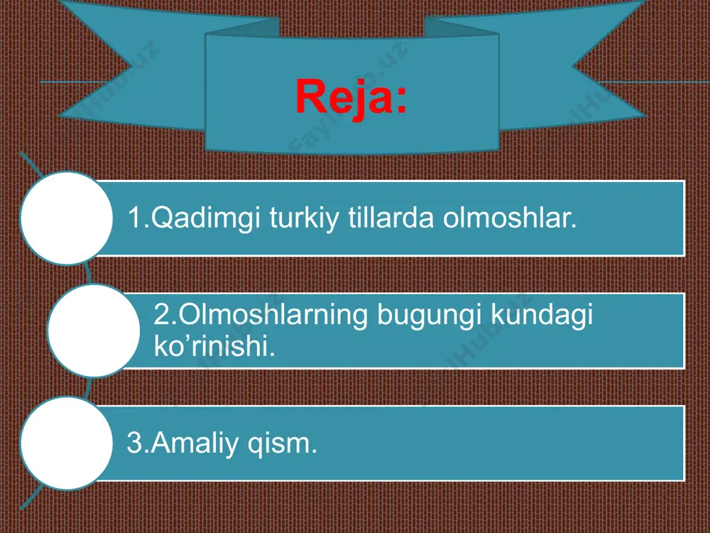 ida almashib qo’llanuvchi, ularga ishora qiluvchi so’zlarga aytiladi. olmosh so’roq bildiruvchi so’zlar hamdir. olmoshning o’ziga xos atash ma’nosi yo’q, leksik ma’nosi yo’q, lug’aviy ma’nosi yo’q, so’roqlari yo’q, sinsintaktik vazifasi yo’q. www.arxiv.uz olmoshlarning bugungi kundagi ko’rinishi. olmosh qaysi so’z o’rnida kelsa, qaysi so’zga ishora qilsa uning so’rog’iga javob bo’ladi. uning sintaktik vazifasini bajaradi. uning atash ma’nosiga ega bo’ladi. so’z o’rnida: muhammad darsga kelmadi. u betob ekan. so’z birikmasi o’rnida: azizda qiziqarli kitoblar ko’p. karimda ham shundaylari ko’p. gap o’rnida: orzum shul: o’chmasin yongan chirog’ing. www.arxiv.uz olmoshning bugungi kundagi ko’rinishi. www.arxiv.uz 2.o’zlik olmoshi. olmoshning ma’noviy turlari: 3.so’roq olmoshlari. 1.kishilik olmoshi. 5.bo’lishizlik olmoshi. 7.ko’rsatish olmoshlari. 4.gumon olmoshlari. 6.belgilash olmoshi. olmoshning bugungi kundagi ko’rinishi. olmoshning tuzilishiga ko’ra turlari: sodda olmoshlar; bir asosli bo’ladi. qo’shma olmoshlar; ikki asosli bo’ladi. m: ana shu, bir nima hech kim. juft olmoshlar; bir-biriga mazmunan yaqin bo’lgan olmoshlarning birikishidan hosil bo’ladi. m: siz-u- biz, u-bu, ana-mana. takroriy olmoshlar; bir o’zakning …