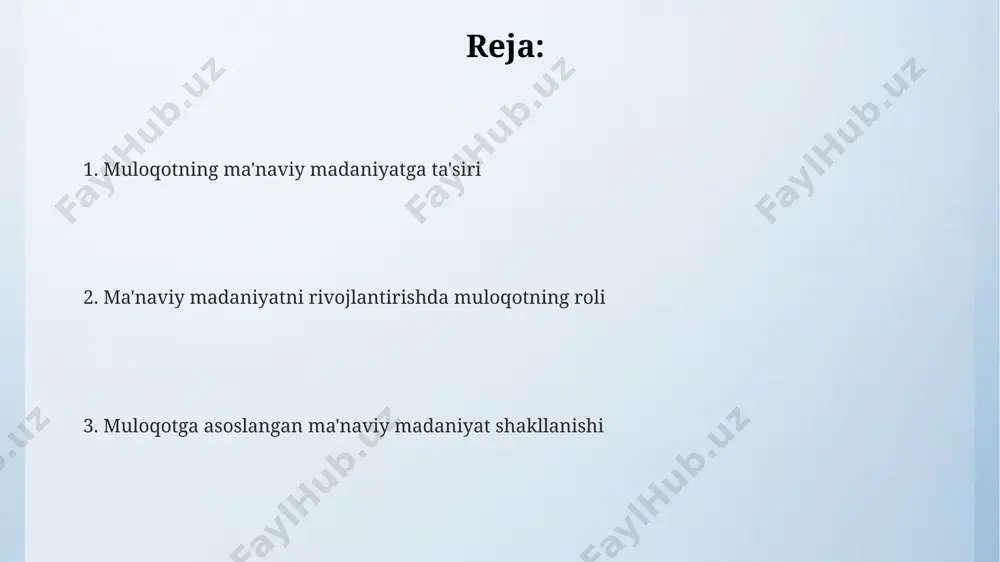 ral muloqot, ma'naviy madaniyatning boyishiga 2 ga yaqin omil bilan ta'sir qilib, turli xil qadriyatlar va e'tiqodlarni bir-biriga moslashtirishga yordam beradi. ommaviy axborot vositalari orqali amalga oshiriladigan ma'naviy-ma'rifiy muloqot, 5 dan ortiq yosh guruhlariga ta'sir etib, axloqiy qarashlarni shakllantirishda muhim rol o'ynaydi. og'zaki va yozma muloqotning roli yozma muloqot, muqaddas matnlar, diniy adabiyotlar orqali, ta'lim va tarbiya jarayonida 30% dan ortiq ta'sir ko'rsatib, diniy bilimlarni tizimli ravishda o'rganish imkonini beradi. og'zaki va yozma muloqotning uyg'unligi, diniy tushunchalarni chuqurlashtirishda, interpretiv epistemologiyaning rivojlanishida muhim omil bo'lib, madaniy merosning uzluksizligini ta'minlaydi. og'zaki muloqot, 70% ga yaqin insonlararo aloqani tashkil etib, diniy qarashlarni shakllantirishda, birgalikdagi ibodatlar va marosimlar orqali, samimiy munosabatlarni yaratishda muhim rol o'ynaydi. ma'naviy-axloqiy tarbiya va muloqot muloqot jarayonida 5 ta asosiy axloqiy qoida - hurmat, ochiqlik, haqiqatparvarlik, sabr-toqat va o'zaro tushunish - shaxsning ma'naviy yetukligini namoyon etadi va ijobiy ta'sir ko'rsatadi. ma'naviy-axloqiy tarbiyaning samaradorligi muloqotning 3 ta asosiy komponenti: og'zaki, yozma …