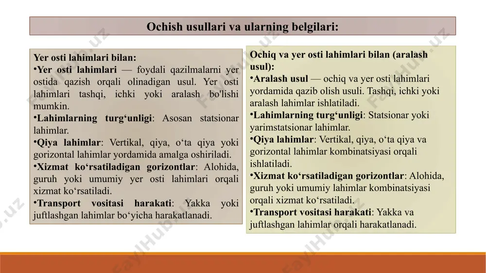 bo‘lishi (500-700 va undan ham chuqur); karyer chuqurligi va ochiladigan pog‘onalar sonini asta-sekin oshib borishi; yuk potoki hajmini o‘zgaruvchanligi; qazib olingan kon massasini karyer tashqarisiga tashish (qoplama jinslarni tashqi ag‘darmaga, foydali qazilmani omborlarga yoki boyitish fabrikasiga); qoplama jinslarni karyer borti mustahkamligini ta’minlaydigan qoyasimon va yarimqoyasimon jinslardan tashkil topishi. bunday konlar odatda faqat karyer maydoni ichiga va tashqarisiga joylashgan aralash kapital transheyalar tizimi orqali ochiladi, ayrim hollarda esa, yer osti lahimlari bilan ham ochilishi mumkin. ochish usullari va ularning belgilari: o‘ta qiya yotqiziqlarni qazib olishda kapital transheya trassasining tupikli (temir yo‘l transporti qo‘llanganida) va petlyasimon (avtotransport qo‘llanilganda) shakllaridan foydalaniladi. chuqur shtoksimon, planda doirasimon shaklga ega bo‘lgan konlarni qazib olishda spiral shakldagi trassalardan foydalanish maqsadga muvofiq bo‘ladi. karyerda konveyer transporti, kletli va skipli ko‘targichlardan foydalanilganda o‘ta qiya kapital transheyalar bilan karyer maydonini ochish maqsadga muvofiq hisoblanadi. bu transheyalar karyer ishlamaydigan bortidagi mustahkam kon jinslarida joylashgan bo‘ladi. o‘ta qiya kapital transheyalar dastlab yer …