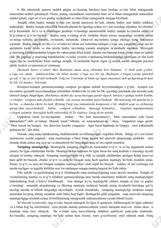lanadi. to‘g‘ri nutq tuzish uchun fikrni har tomonlama mazmunli, ifodali qiluvchi so‘z va so‘z variantlarini topa bilish, ularni o‘z o‘rnida ishlata olish muhimdir. so‘zning lug‘aviy ma’nosini tushunmaslik uni xato qo‘llashga olib keladi. g‘ofur solihboyning qiroli edi. sinonimlar nutqni ta’sirchan qilish bilan birga, turli qaytariqlarning oldini olib, uni ravon qiladi. nutqda sinonimlardan ularning ma’no va uslubiy nozikliklarini to‘la anglagan holda foydalanish lozim aks holda nutqiy g‘alizlik vujudga keladi. masalan: ozg‘in, oriq. to‘g‘ri nutqqa qo‘yiladigan talablardan biri uning grammatik jihatdan to‘g‘ri shakllanishidir. jumladan, qaratqich kelishigi –ning belgili va belgisiz qo‘llanadi. gapning ma’nosi va mazmuniga putur yetmasa, tushirib qoldiriladi. ba’zi hollarda qaratqich kelishigi qo‘shimchasining tushirib qoldirilishi axborotni xiralashtiradi, fikrni chalg‘itadi: askar otasi deb yozganda, matnni o‘qib chiqmasdan turib, gap kim haqida borayotganligini bilib bo‘lmaydi: gap askarning otasi haqidami, yoki askar birovning otasimi? nutqning aniqligi. qadimgi yunon donishmandi aristotel o‘zining “ritorika” kitobida nutqning asosiy fazilati uning aniqligida ekanligini aytib, “agar nutq aniq bo‘lmasa, u …