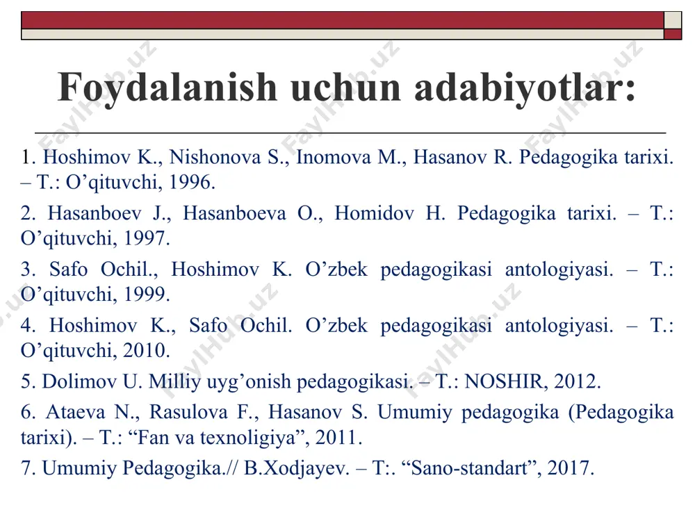 ar * ieroglif yozuv – bir so’zni belgilaydigan surat belgisi «avesto» 21 bo’limdan iborat ulkan kitob zardushtiylik ta’limotida ilgari surilgan asosiy g’oyalar: халық педагогикасы– тәрбие жөніндегі халықтың білім-тәжірибесі «o’rxun-enasoy yozma yodgorliklari» (vi-vii asrlardagi turkiy-runiy yozuvida yozilgan) arab istilochilari viii asrning o’rtalariga kelib o’rta osiyoni to’la zabt etishga erishdilar. arablar tomonidan bosib olingan yerlarda xalqlar islom dinini qabul qilishga majbur etildi. jahon madaniyati xazinasining tarkibiy qismlaridan biri hisoblangan arab tilidagi adabiyot faqatgina arablar emas, balki ko’pgina xalqlar namoyandalari tomonidan yaratilgan o’lmas yodgorlik bo’lib, u o’z taraqqiyotida uzoq va murakkab yo’lni bosib o’tdi. arab istilochilarining movarounnahrdagi g’alabasidan so’ng barcha mustamlaka mamlakatlar qatori u yerda ham arab tilini o’rganish joriy etildi. islom dinining tarqalishi va uning ta’lim-tarbiyaga ta’siri arab xalifaligi tasarrufiga olingan barcha mamlakatlarda masjidlar qoshida maxsus maktablar tashkil etildi. biroq o’g’il bolalargina mazkur maktablarda savod o’rganish huquqiga ega bo’ldilar. ota-onalar bolalarni 6-7, hatto 5 yoshidan maktabga bera boshlaydilar. maktablar, shuningdek, keyinchalik bunyod …