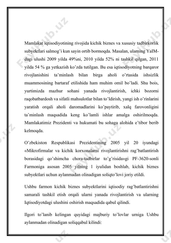 sobotlar va aylanmadan olinadigan soliq hisobotini taqdim etish majburiyati yuzaga kelmaydi; · bank hisobvaragʻidan dividend tarzida yechib olinadigan mablagʻlar soliqqa tortilmaydi. aylanmadan olinadigan soliqni qatʼiy belgilangan summada toʻlashning oʻziga xos xususiyatlari mavjud. jumladan, aylanmadan olinadigan soliq toʻlovchi kalendar yilning istalgan oyidan ushbu tartibga oʻtishga haqli. bunda, aylanmadan olinadigan soliqni umumiy tartibda toʻlashga navbatdagi soliq davridan boshlab qaytiladi. misol uchun, jami daromadi 500 mln soʻmdan oshmagan soliq toʻlovchi 2023-yil 1-apreldan boshlab yiliga 20 mln soʻm boʻlgan stavkada qatʼiy belgilangan summada soliq toʻlashni tanladi. mazkur holatda soliq summasi 12 ga boʻlinib, bir oy uchun toʻlanishi lozim boʻlgan soliq summasi aniqlanadi. bunda, soliq summasi 9 oy uchun hisoblanadi va shu yil uchun soliq summasi 15 mln soʻmni tashkil etadi (20 mln soʻm/12 oy x 9 oy). ushbu tartib boʻyicha soliq toʻlashga oʻtish uchun soliq toʻlovchilar soliq organiga shaxsiy kabineti orqali keyingi oy boshlanishidan 10 kun oldin xabarnoma yuborishi yetarli boʻladi. bunda soliq toʻlovchilar …