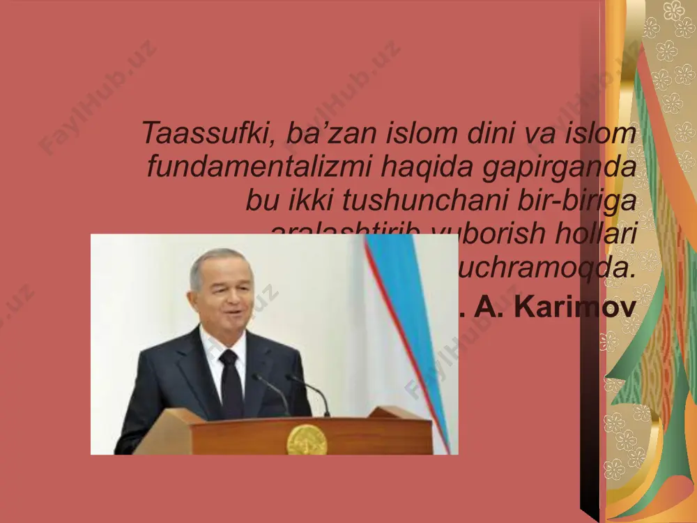 bilan birga, bu borada jaxon xamjamiyati, nufuzli xalqaro tashkilotlar bilan faol xamkorlik qilish va ularning ko’magini xisobga olgan xolda siyosat olib borishga aloxida urg’u berib kelmoqda. o’zbekiston respublikasi oliy majlisi 2000 yil 15 dekabrda “terorizmga qarshi kurashish to’g’risida” qonun qabul qildi. o’zbekiston va jaxon xalqi osoyishtaligi va rivojlanishiga qarshi qaratilgan xalqaro terorizmni bugun xar qachongidan ko’ra kuchayganligini e’tiborga olib, siyosiy raxbariyat muxim taklif va chora tadbirlar tizimini ishlab chiqdi. xamda bu borada barcha xayrixox kuchlar, siyosiy bloklar va davlatlar bilan xamkolikka tayyor. ular orasida yon qo’shni davlatlar bilan xamkorlikka aloxida e’tibor berayotganligi esa o’z-o’zidan ravshan. “tinchlik va barqarorlikka, millatlararo totuvlik va mintaqamiz xalqlari xamda davlatlarining an’anaviy do’stligiga, xamjixatligiga taxdid soluvchi bu jiddiy xavfni bartaraf etish buyicha qo’shni mamlakatlar bilan xamkorlikda zarur chora tadbirlar ko’rish – bugungi kunda eng muxim dolzarb vazifamizdir ”. keyingi yillarda prezidentimizning ana shu jixatga jiddiy e’tibor berayotganligining guvoxi bo’lamiz. jumladan, 2000 yilning o’zida mdx davlatlari boshliqlarining …