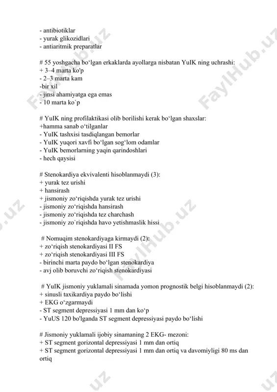 etuvchi trombotsitar agregatlar (0,4% bemorlarda) - koronar tomirlarda yallig'lanish jarayoni (95% bemorlarda) - mikrotsirkulyatsiyaning buzilishi (0,4% bemolrlarda) - slardj fenomeni (5% bemorlarda) # populyatsion tekshiruvlarda stenokardiya xuruji qaytalanishi bo‘yicha 4 og‘irlik gradatsiyasi ajratiladi: + i- 1 oyda bir- ikki marta xuruj bo‘lishi + ii- 1 haftada bir necha marta xuruj bo‘lishi + ii- har kuni yengil + v- har kuni og‘ir - i- har kuni og‘ir - ii- har kuni yengil - iii- bir haftada bir necha marta xuruj bo'lishi - bir oyda bir- ikki marta # yuik- aterosklerozning 4 asosiy xavfli omili: + giperxolesterinemiya 6,7 mmol/l dan yuqori bo'lishi + arterial gipertoniya + chekish + bemorning yoshi - alkogol kuniga 100 gr - ayollarda - giyohvandlik - giperfosfolipidemiya # bronxial astmani ko‘p uchraydigan asorati: +o‘pka emfizemasi -o‘pka abssessi -o‘pkadan qon ketish -bronxoektaziya -ekssudativ plevrit # bronxospazmni askultativ belgisi: +uzaygan nafas chiqarish va quruq xirillashlar -bronxial nafas -amforik nafas -uzaygan …
