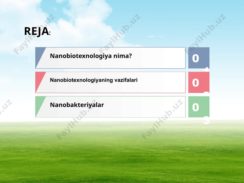 shlatish uchun yangi nanomateriallar sifatida nanobo'lakchalardan foydalanish imkoniyatlarini o‘rganish: -organizmdan va uni sirtidan keraksiz va zaharli moddalarni chiqarib tashlash uchun sorbentlar (metabolizm mahsulotlari, og‘ir metallar, radio- nuklidlar, ksenobiotiklar) yaratish; - kasallikni diagnostika qilish va eng boshlang‘ich bosqichida samarali davolash uchun yuqori sezgirlikka ega bo'lgan va ishlatishga qulay bo'lgan sistemalar yaratish; - nanoboiakchalar asosida oqsillarni ajratish, modifikatsiya qilish va ularni preparatlarini katta miqdorda ishab chiqarish uchun samarador bo‘lgan nanomateriallar hamda nanotexnologiyalar yaratish; - bioanaloglar — bakteriyalar, viruslar, eng sodda hayvonlar asosida o‘z-o‘zini ishlab chiqara oladigan sistemalar yaratish; -nanobo‘lakchalami murakkab tuzilgan organizmlar, jumladan hayvon va odam organizmiga ta’sirini o‘rganish; - nanotexnologiyalar asosida dorivor moddalarni yangi avlodini yaratish; - tirik organizmga ko‘chirib kiritish maqsadida biologik mos bo‘lgan (organizm chiqarib tashlamaydigan) meditsina materiallari yaratish; - immun tizimni qo‘zg‘atmaydigan (provakatsiya qilmaydigan), organizmdagi kasallangan joyni tuzata oladigan nanorobotlar ishlab chiqish. nanobakteriyalar finlyandiyaning kuopio shahridagi universitetning xodimi o.kayander juda kichik mikroorganizm ajratib olgan va uni nanobakteriya deb …