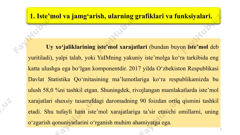 afigini chizamiz. 5 1-rasm. iste’mol grafigi 6 iste’mol grafigi ikki to‘g‘ri chiziq ko‘rinishida berilgan. bissektrisa ko‘rinishidagi yd =c to‘g‘ri chizig‘ining har bir nuqtasida iste’mol va tasarrufidagi daromad hajmlari teng bo‘ladi. haqiqiy iste’mol (c) grafigi haqiqiy iste’mol va daromad teng bo‘lgan nuqtada (α) bissektrisa bilan kesishadi. bo‘sag‘aviy nuqtadan quyida haqiqiy iste’mol daromaddan oshiq. bu vaziyat insonlarning qarz hisobiga hayot kechirishini bildiradi. α – nuqtada yuqorida haqiqiy iste’mol daromaddan kam hamda ular o‘rtasidagi farq jamg‘arishni tashkil etadi. haqiqiy iste’mol to‘g‘ri chizig‘i iste’mol hajmini belgilovchi vertikal o‘qni a nuqtada kesib o‘tadi. bu hol uy xo‘jaliklari umuman daromad olmaganlarida ham ma’lum miqdorda iste’mol qilishlarini anglatadi. a – nuqta esa avtonom iste’mol hajmini bildiradi. keltirilgan ma’lumotlar asosida jamg‘arish grafigini ham ko‘rib chiqamiz (2-rasm). 7 2-rasm. jamg‘arish grafigi 8 jamg‘arish grafigi daromad bilan jamg‘arish o‘rtasidagi bog‘liqlikni ifodalaydi. vertikal o‘qdagi har bir nuqta jamg‘arma miqdorini bildiradi va daromad bilan unga muvofiq keladigan iste’mol hajmi o‘rtasidagi farq sifatida …