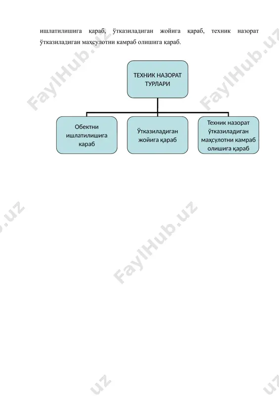назорат ишни бундай ташкил этиш шаклида тнб (отк) ишчилари юқори ташкилотларга бўйсунади ва назорат ўтказилиши таъмирлаш корхонаси назоратчиларига боғлиқ бўлмайди. хўжалик таъмирлаш устахоналарида мустакил назорат ишлари туман агросаноати ташкилотлари томонидан доимо ўтказилиб туради. таъмирлаш корхоналарида эса вилоят, ўлка ва жумхурият агросаноат комплекси ёки “узкишлоктаъминоти таъмирлаш“ бирлашма мутахассислари томонидан доимий ўтказилиб турилади. таъмирлаш сифатини назорат қилишни ташкил этиш. “узқишлоқхўжтаъминот таъмирлаш” тизими таъмирлаш корхоналарида детал, йиғма қисм ва машиналар таъмирига техник талабларни кузатувчи маҳсус гурух ёки техник назорат бўлими тнб (отк) жавобгардир, жамоа ва давлат хўжаликларида эса бунга мухандис- назоратчи масъулдир. тнб махсус асбоблар ва технологик ускуналарни техник холатини, таъмир сифати ва янги деталлар тайёрланишини, таъмирлаш учун келтирилган қўшимча қисмлар ва материаллар сифатини; таъмирланган қисмлар, агрегат ва машиналар сифати ва бутунлигини текширади. бундан ташқари, тнб ишчилари таъмирлаш корхонаси айби билан содир бўлган нуқсонларга эътирозларни кузатиш ва қондиришда қатнашишлари шарт. улар маҳсулотни сифатсиз таъмирлаган ишчини аниқлашда, назорат -ўлчагич асбобларининг техник ҳолатини текширишда ва …
