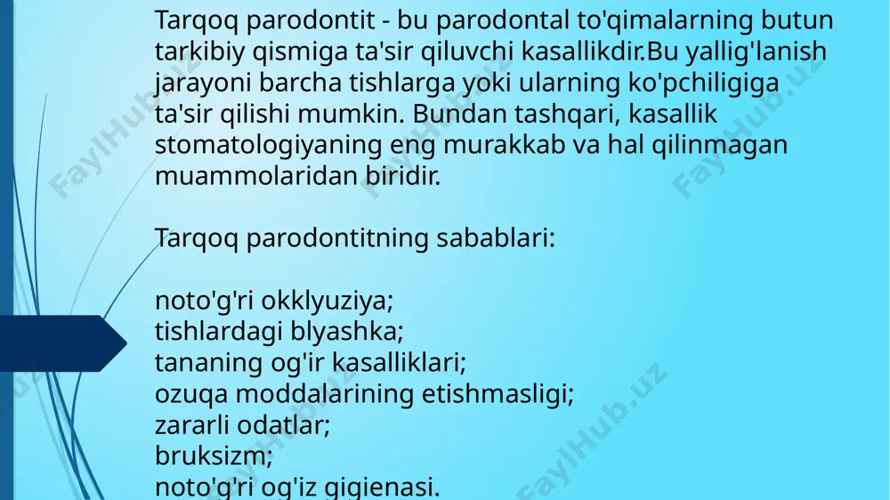 k bo'lganlar, yallig'lanish qatlamlarini olib tashlash). bundan tashqari, tishlarning kesish yuzalari va tugunlarining muddatidan oldin kontaktlarini silliqlash, ortodontik choralar, tish qatorlari nuqsonlarini protezlash, shu jumladan shinalash orqali okklyuzionni normallashtirish choralari ko'riladi. ortopedik davolashda quyidagi taxtakachlash (stabilizatsiya yoki shinalash) turlari mavjud: a - sagittal; b - frontal; c- fronto-sagittal; d-parasagittal; e- duga (yoy) bo'ylab; h - parasagittal bilan birgalikda duga bo'ylab. bemorni tayyorlash rejasi: vaqtinchalik shinalash, ortodontik davolash, to'g'ridan-to'g'ri protezlash va shinalash, doimiy shinalash. taxtakachlash (shinalash) - bu parodontal kasalliklarni davolash usullaridan biri bo'lib, tishlarni yo'qotish (olib tashlash) ehtimolini kamaytiradi, chunki tishlar birlashtiriladi va shu bilan ularning harakatchanligini kamaytiradi. ortopedik amaliyotda taxtakachlashning asosiy ko'rsatmasi tishlarning patologik harakatchanligi mavjudligidir. surunkali parodontitni davolashdan keyin parodontal to'qimalarda qayta yallig'lanishni oldini olish uchun taxtakachlash ham maqsadga muvofiqdir taxtakachlar olinadigan yoki olinmaydigan bo'lishi mumkin. ba'zi tishlar bo'lmasa, olinadigan taxtakachlar ham o'rnatilishi mumkin, ular og'iz bo'shlig'i gigienasi va kerak bo'lganda terapiya va jarrohlik davolash uchun yaxshi sharoit …