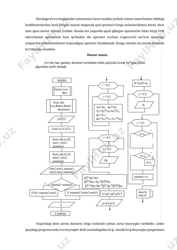 di: k q ( m * 5 ) + ( ( 7 % n ) / ( 9 + x ) ); 2. tenglamalar sistemasini gauss usulida yeshish. masalaga ko’ra tenglamalar sistemasini gauss usulida yechish uchun noma’lumlar oldidagi koeffitsientlardan hosil bo’lgan massiv diagonali quyi qismini 0 larga aylanitirishimiz kerak. buni men qism dastur sifatida yozdim. bunda esa yuqorida qayd qilingan operatorlar bilan birga for takrorlanish operatorini ham qo’lladim. bu operator ma’lum o’zgaruvchi ma’lum qiymatga yetguncha tarkorlanishlarni bajaradigan operator hisoblanadi. bunga misolni siz asosiy dasturda ko’rishingiz mumkin. yuqoridagi blok sxema dasturni ishga tushirish uchun zarur buyruqlar tartibidir. lekin quyidagi programmada esa buyruqlar blok sexmadagidan ko’p. chunki ko’p buyruqlar porgramma naijasini ko’rishdagi dizayn, natijani chiqarishda qulaylik yaratish uchun yozilgan. 2-misol yqax2+bx+c kvadrat tenglamasining korenlar sonini toppish va kelip shiqish sabablarini aniqlovshi dastur tuzish. bunda biz c++ dasturlash tilining tarmoqlanuvshi algoritmidan poydalanamiz. dastur kodi: #include #include using namespace std; int main() { float …