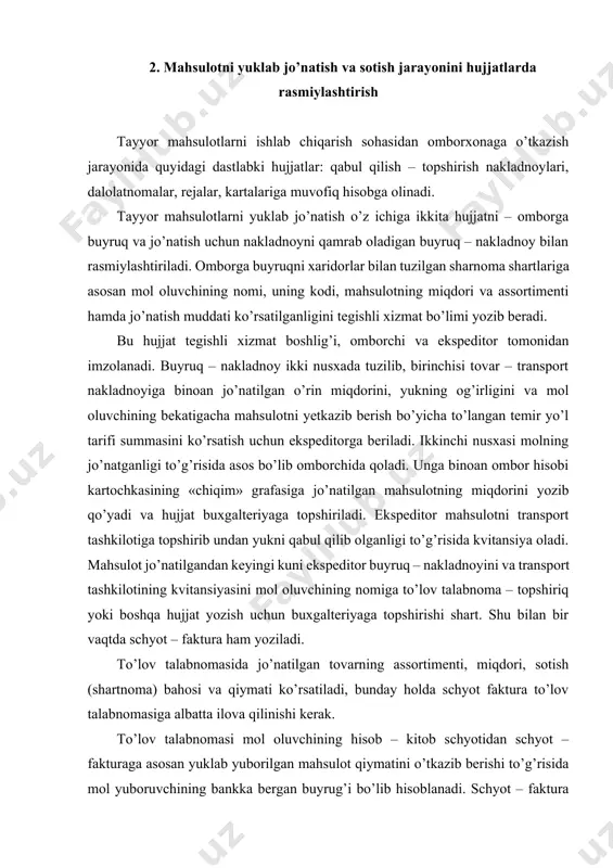i, sotish (shartnoma) bahosi va qiymati ko’rsatiladi, bunday holda schyot faktura to’lov talabnomasiga albatta ilova qilinishi kerak. тo’lov talabnomasi mol oluvchining hisob – kitob schyotidan schyot – fakturaga asosan yuklab yuborilgan mahsulot qiymatini o’tkazib berishi to’g’risida mol yuboruvchining bankka bergan buyrug’i bo’lib hisoblanadi. schyot – faktura yoki to’lov talabnomasininig alohida qatorida mol oluvchilar tomonidan to’lanadigan idish va o’rama qiymati hamda temir yo’l tarifi ko’rsatiladi. ayrim hollarda mol yuboruvchining to’laydigan temir yo’l tarifi to’lanmalar summasiga qo’shilishi mumkin, qqs summasi alohida qatorda ko’rsatiladi. mol yuboruvchi bilan mol oluvchi o’rtasida tuziladigan shartnomada mol yuboruvchi mahsulotni qaysi joy (franko – joy) gacha yetkazib berish xarajatlarini o’z hisobiga olishi to’g’risida kelishib olinadi. franko – joyni quyidagi turlari mavjud: mol yuboruvchining franko – ombori – bunda mol yuboruvchi korxona mahsulot yuborish bilan bog’liq bo’lgan barcha xarajatlar (ombordagi, temir yo’l bekatidagi, yuklash – tushirish ishlar qiymati, tashish qiymati va temir yo’l tarifi) to’lov – talabnomasiga qo’shiladi; 1. …