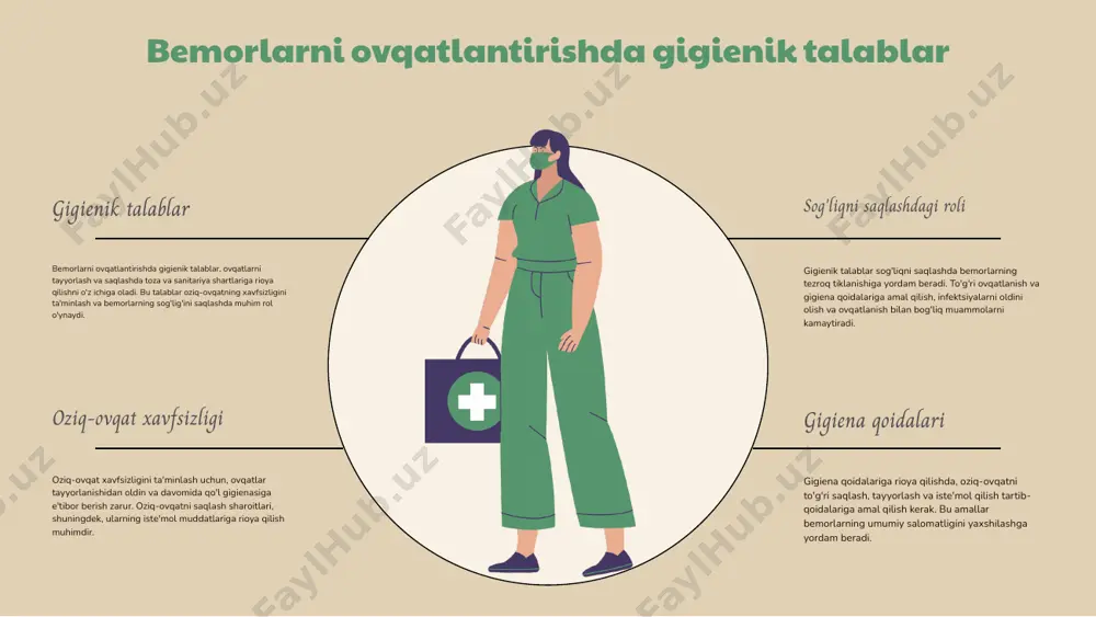 ning sog'lomligiga ijobiy ta'sir qiladi. diagrammalar va jarayonlar tayyorlash jarayonini aniqroq tushuntirish uchun diagrammalar yoki jarayonni ko'rsatuvchi rasmlar qo'shish tavsiya etiladi. parxez stollaridagi gigienik talablar parxez stollarida gigienik talablar parxez stollarida oziq-ovqatlar uchun to'g'ri saqlash sharoitlari muhim ahamiyatga ega. oziq-ovqat mahsulotlarini to'g'ri saqlash, ularning sifatini saqlab qolish va bemorlarning sog'lig'ini ta'minlashda yordam beradi. har bir talabning ahamiyati va amalga oshirilishi. gigiena qoidalariga rioya qilish pishirish va xizmat ko'rsatish jarayonida xavfsizlikni ta'minlaydi. xodimlarning gigienik ko'rsatmalari esa, oziq-ovqatlarning toza va sanitariya talablariga mos kelishini kafolatlaydi. gigienik nazoratni ko'rsatuvchi rasmlar. rasmlar oziq-ovqatlarning saqlanishi, pishirilishi va xizmat ko'rsatish jarayonlarida gigienik nazoratni aks ettiradi. bu, o'z navbatida, bemorlarning sog'lig'ini ta'minlashda juda muhimdir. gigienik talablarning ahamiyati. gigienik talablar bemorlarning sog'lig'ini ta'minlashda va ovqatlanish jarayonining xavfsizligini oshirishda muhim rol o'ynaydi. to'g'ri gigiena amaliyotlari bemorlarning ovqatlanish sifatini yaxshilaydi. photo by tom claes on unsplash 1. 2. 3. 4. oziq-ovqat sifatini baholash parxez stollarining oziq-ovqat sifati bemorlarning salomatligi va …