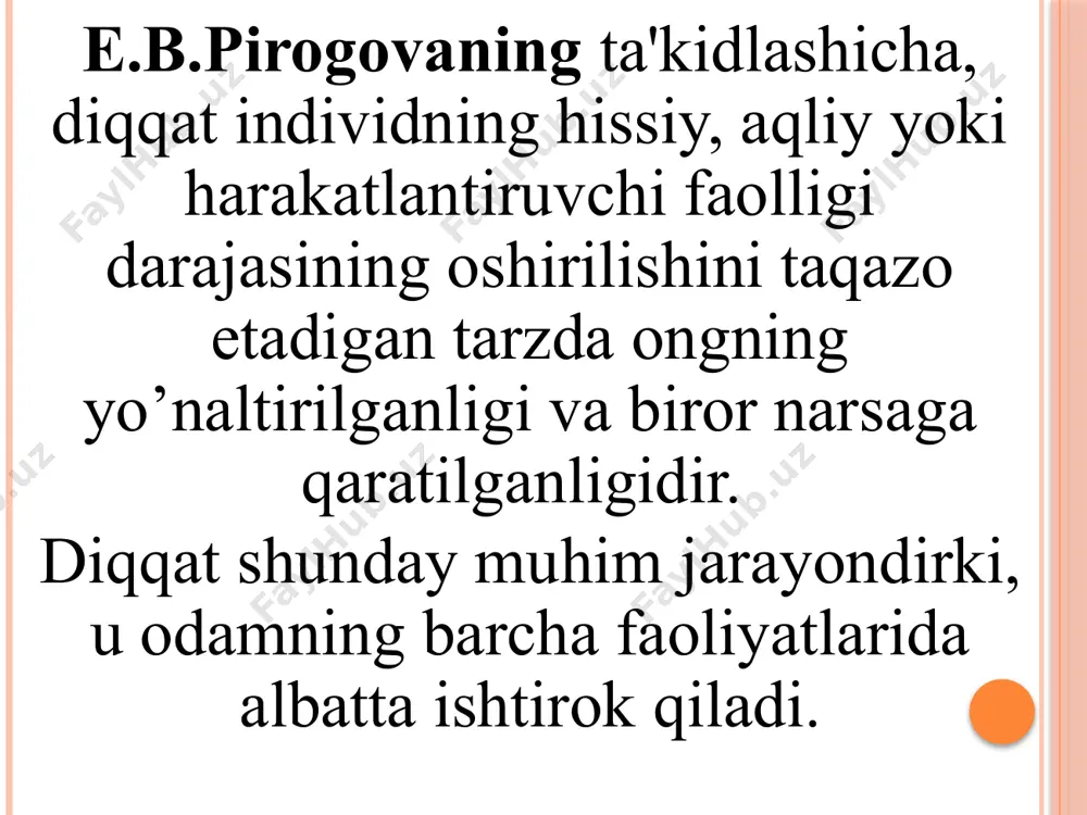 liq emas. buning ahamiyatli tomoni diqqatning ob'ektga yo’naltirilishidadir. mazkur yo’naltirishning asosiy sabablari sifatida shaxs, ehtiyoj, maqsad ko’rsatiladi. demak, diqqat odamning munosabati orqali ifodalanadi, ya'ni diqqat - munosabatdir. a.n.leontev mulohazasiga ko’ra, bu orientir faoliyati emas, chunki ob'ektning paydo bo’lishi bilan diqqat ham namoyon bo’ladi, ob'ekt yo’q bo’lsa, demak diqqat ham bo’lmaydi, deb ta'kidlaydi. p.ya.galperin esa ob'ektning paydo bo’lishi bilan diqqat yuzaga keladi. ob'ekt yo’qolgandan keyin esa psixik qism bo’lgan tekshirish, nazorat qilish jarayoni boshlanadi. psixologiyada diqqatni "yo’naltirish" deganda, psixik faoliyatning tanlovchanligi va ixtiyoriy hamda ixtiyorsizligi tushuniladi. 20-yillarda bir qancha psixologlar diqqat muammosini ustanovka bilan bog’lab tushuntirishga harakat qiladilar. buning yaqqol isboti sifatida k.n.kornilov tahriri ostida 1926 yilda chop qilingan psixologiya darsligidagi bir mavzu "ustanovka va diqqat" deb atalganligi bilan izohlash mumkin. darslikda yozilishicha, qator ob'ektlardan bir ob'ektni ajratish diqqatning sub'ektiv kechinmasidir va buni ob'ektiv hodisalar bilan taqqoslash, sezgi organlarining ustanovkasidan, ishlash vaziyatidan iboratdir. shunga o’xshash g’oya l.s.vigotskiyning dastlabki tadqiqotlarida ham ko’zga …