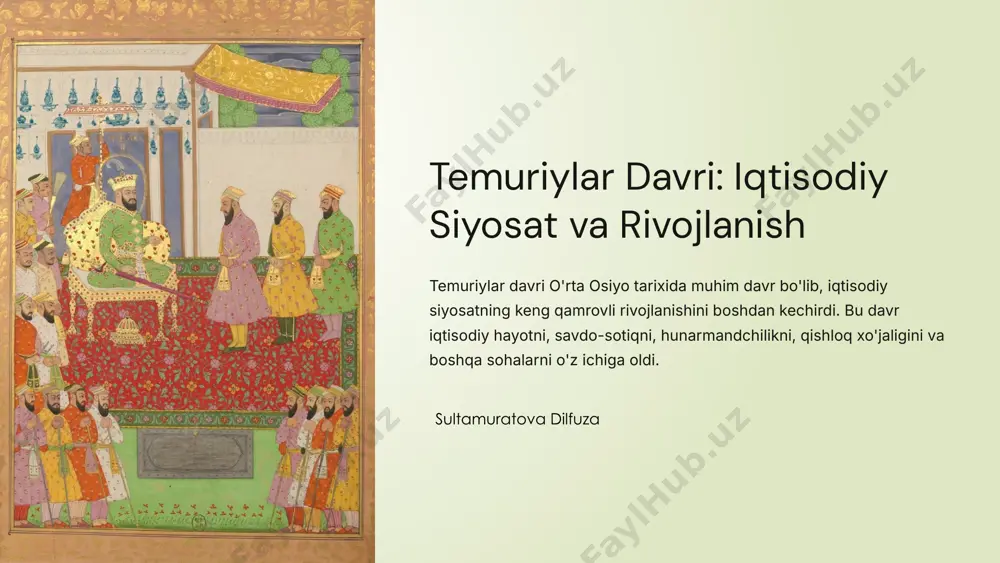 avri qishloq xo'jaligi va yer munosabatlari sug'orish tizimlari sug'orish tizimlari qishloq xo'jaligini rivojlantirishda muhim rol o'ynadi. temuriylar davrida sug'orish kanallari qurildi va ta'mirlandi. yer munosabatlari temuriylar davrida yer mulkiyati turli shakllarda mavjud edi. yer davlat, olijanoblar, ruhoniylar va dehqonlarga tegishli edi. 7 temuriylar davri moliyaviy-bank tizimi 50 tangalar temuriylar davrida oltin va kumush tangalar chiqarildi. 1000 banklar banklar ham mavjud edi. ular pul almashtirish, kredit berish bilan shug'ullanardi. 8 temuriylar davri ijtimoiy-iqtisodiy rivojlanish dinamikasi 1 shaharlar temuriylar davrida shaharlar rivojlandi, aholisi o'sdi. 2 savdo yo'llari buyuk ipak yo'li va boshqa savdo yo'llari faol ishlatilgan. 3 iqtisodiy hayot iqtisodiy hayot xilma-xil edi va turli sohalar rivojlangan edi. 9 temuriylar davri transport va infrastruktura loyihalari 1 yo'llar temuriylar davrida savdo yo'llari qurildi va ta'mirlandi. 2 ko'priklar ko'priklar qurildi, ular savdo va sayohatni osonlashtirdi. 3 karvonsaroylar karvonsaroylar qurildi, ular savdogarlar va sayohatchilar uchun dam olish joyi bo'lib xizmat qildi. 10 temuriylar davrining iqtisodiy-siyosiy …