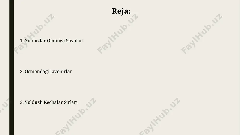 zlarning umr davomiyligi taxminan 10 milliard yilni tashkil etadi va ular vafot etgach, oq mitti yulduzlarga aylanadi. teleskoplar va astronomik kuzatishlar radio teleskoplar, masalan, puerto-rikodagi arecibo teleskopi (endi buzilgan bo'lsa-da), 100 million yorug'lik yili masofadan radio to'lqinlarini aniqlab, qora tuynuklar va pulsarlar haqida ma'lumot beradi. yer yuzasidan 10 metrdan katta diametriga ega bo'lgan optik teleskoplar, masalan, katta kannadiya-fransuz-gavayi teleskopi, kosmosdagi juda uzoq galaktikalarning detalli rasmlarini olish imkonini beradi. yulduzli tunlar sirlariga sayohat yulduzli osmonning 88 ta yulduz turkumidan 20 tasi o'zbekiston hududida, jumladan, buyuk ayiq va kichik ayiq turkumlarini aniq kuzatish mumkin. samarqanddagi ulug'bek rasadxonasida o'tkazilgan kuzatishlar natijalari xvi asrda astronomiya rivojiga katta hissa qo'shgan. galaktikalar va ularning tuzilishi andromeda galaktikasi (m31), yerga 2,5 million yorug'lik yili masofada joylashgan va spiral tuzilishga ega bo'lib, diametri taxminan 220 000 yorug'lik yiliga teng. somon yo'li galaktikasining markazida super massiv qora tuynuk joylashgan bo'lib, uning massasi quyosh massasining 4 million barobaridan ortiq. bu …