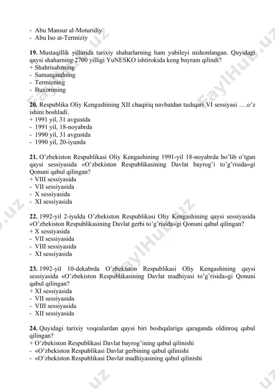 siyasida - vii sessiyasida - viii sessiyasida - xi sessiyasida 23. 1992-yil 10-dekabrda o’zbekiston respublikasi oliy kengashining qaysi sessiyasida «o’zbekiston respublikasining davlat madhiyasi to’g’risida»gi qonuni qabul qilingan? + xi sessiyasida - vii sessiyasida - viii sessiyasida - xii sessiyasida 24. quyidagi tarixiy voqealardan qaysi biri boshqalariga qaraganda oldinroq qabul qilingan? + o’zbekiston respublikasi davlat bayrog’ining qabul qilinishi - «o’zbekiston respublikasi davlat gerbining qabul qilinishi - «o’zbekiston respublikasi davlat madhiyasining qabul qilinishi - «o’zbekiston respublikasi konstitusiyasining qabul qilinishi 25. «o’zbekiston respublikasining milliy valyutasini muomalaga kiritish to’g’risida» gi prezident farmoni qachon qabul qilingan? + 1994-yil 16-iyunda - 1994-yil 15-iyunda - 1994-yil 1-iyulda - 1994-yil 15-mayda 26. respublikamizda 1994-yil 1-iyuldan boshlab….? +. yagona, cheklanmagan va qonuniy to’lov vositasi sifatida milliy valyutasi - so’m muomalaga chiqarilgan. - o’zbekistonda so’m-kupon muomalaga kiritildi - «o’zbekiston respublikasining milliy valyutasini muomalaga kiritish to’g’risida»gi prezident farmoni e’lon qilini - mamlakatimizda 1000 so’mlik banknotlar chiqarilgan 27. o’zbekiston respublikasida “kadrlar tayyorlash …