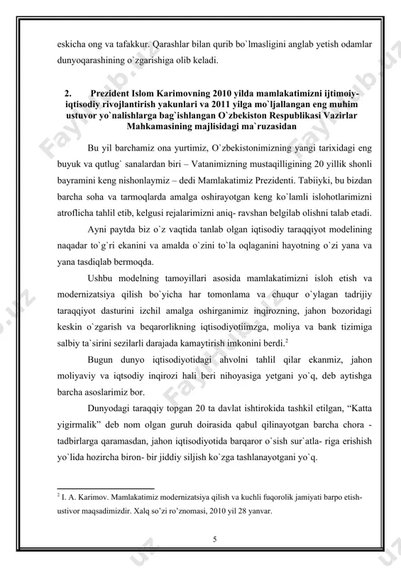 iy taraqqiyot dasturini izchil amalga oshirganimiz inqirozning, jahon bozoridagi keskin о`zgarish va beqarorlikning iqtisodiyotiimzga, moliya va bank tizimiga salbiy ta`sirini sezilarli darajada kamaytirish imkonini berdi. bugun dunyo iqtisodiyotidagi ahvolni tahlil qilar ekanmiz, jahon moliyaviy va iqtsodiy inqirozi hali beri nihoyasiga yetgani yо`q, deb aytishga barcha asoslarimiz bor. dunyodagi taraqqiy topgan 20 ta davlat ishtirokida tashkil etilgan, “katta yigirmalik” deb nom olgan guruh doirasida qabul qilinayotgan barcha chora - tadbirlarga qaramasdan, jahon iqtisodiyotida barqaror о`sish sur`atla- riga erishish yо`lida hozircha biron- bir jiddiy siljish kо`zga tashlanayotgani yо`q. biz bugun 2010 yil yakunlarini baholar ekanmiz, avvalo, mamlakatimiz iqtisodiyotining yuqori barqaror о`sish sur`atlari va makroiqtisodiy mutanosibligi saqlanib qolayotganini qayd etishiz zarur. shuni yana bir bor eslatib о`tmoqchimanki deb, ta`kidlaydi prezidentimiz, yurtimizda yalpi ichki mahsulotning о`sish sur`atlari 2008 yilda 9 foiz, 2009 yilda 8,1 foiz, 2010 yilda esa 8,5 foizni tashkil etdi. jahon moliya institutlarining xulosasiga kо`ra, bu dunyodagi eng yuqori kо`rsatkichlardan biri ekan …
