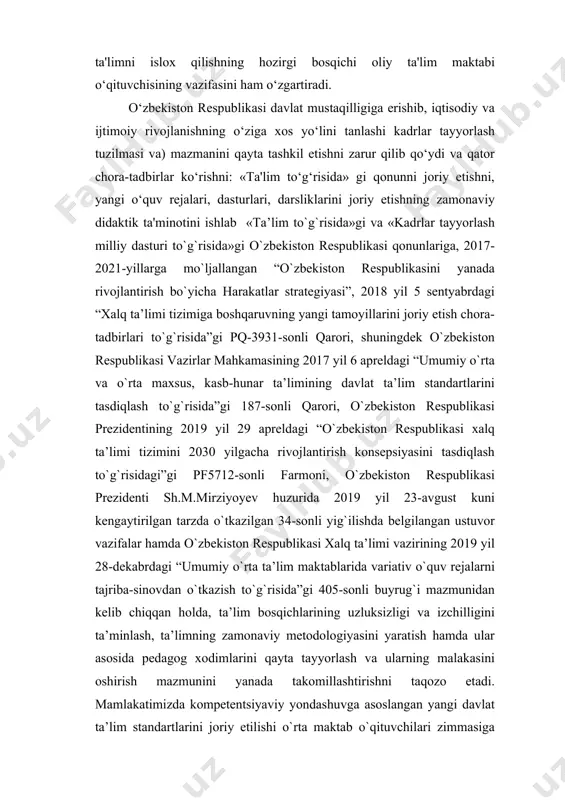 dagi ta'lim muassasalarini tashkil etishni taqazo etdi. mana shunday fan-texnika taraqqiyoti davrida matematika sohasida ham, xususan, algebrada katta natijalarga erishilmoqda. algebra matematikaning abstrakt holda to‘plam va unda aniqlangan algebraik amallar orqali o‘rganuvchi bo‘limi hisoblanadi. algebraning hozirgi zamon matematikasidagi ahamiyati nihoyatda katta. umuman, hozirgi zamon matematikasida ko‘p bo‘limlarining «algebraiklashuvi» kuchayib bormoqda. matematika boshqa bo‘limlari masalalarining algebra tiliga o‘tkazilishi, ularni yechish uchun nihoyatda unumli bo‘lgan farmal algebraik hisoblashlarni tadbiq qilishga imkon beradi. mavzuning dolzarbligi va ahamiyati. o‘rta maktab matematikasida ehtimollar nazariyasi mavzusi juda ham ko‘p qo‘llaniladi. ehtimollar nazariyasi ilk bor qimor o’yinlari oqibatida vujudga kela boshladi. odamlar avval uni fan sifatida emas bo’lgan o’yinlardagi holatlar oqibatida tuhib yetdilar. lekin, maktab matematika kursidagi ehtimollik nazariyasi bir tasodifiy hodisalarning ro’y berish ehtimoliga ko’ra ular bilan qandaydir tarzda bog’langan boshqa tasodifiy hodisalarning ro’y berish ehtimollarini topish bilan shug’ullanadigan matematika sohasi deb qaraladi. biror hodisaning ro’y berishi teng ekanligi uncha ahamiyatli emas odamlar ishonchli natijaga erishishi …