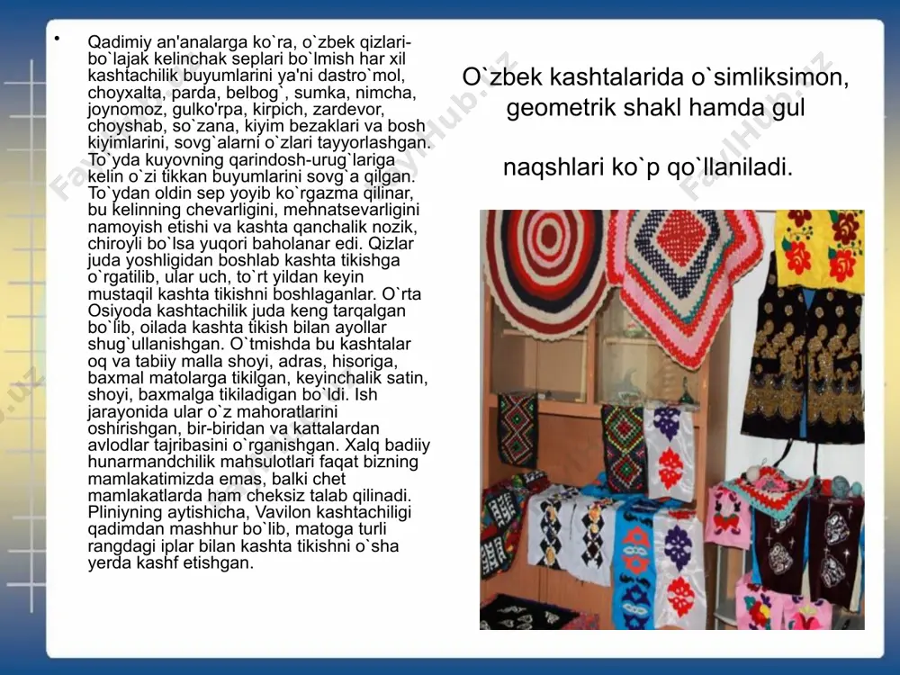 yida o`zbek milliy kashta bezaklarini ko`rganini kundaligida yozib qoldirgan. kamoliddin behzod "zafarnoma"ga ishlagan. kashtachilik san'atida har bir millatning o`ziga xos eng ko`p qo`llaydigan naqshlari bo`ladi. o`zbek kashtalarida o`simliksimon, geometrik shakl hamda gul naqshlari ko`p qo`llaniladi. qadimiy an'analarga ko`ra, o`zbek qizlari-bo`lajak kelinchak seplari bo`lmish har xil kashtachilik buyumlarini ya'ni dastro`mol, choyxalta, parda, belbog`, sumka, nimcha, joynomoz, gulko'rpa, kirpich, zardevor, choyshab, so`zana, kiyim bezaklari va bosh kiyimlarini, sovg`alarni o`zlari tayyorlashgan yetishib chiqqan kashtachilar o`zining san'ati va tabiatiga ko`ra go`zallik xaqidagi orzularini ifodalashga harakat qilganlar. image2.jpeg image3.jpeg image4.jpeg image5.jpeg image6.jpeg image7.jpeg image8.jpeg image9.jpeg image10.jpeg image11.jpeg image12.jpeg image13.jpeg image14.jpeg image15.jpeg image16.jpeg image1.jpeg /docprops/thumbnail.jpeg