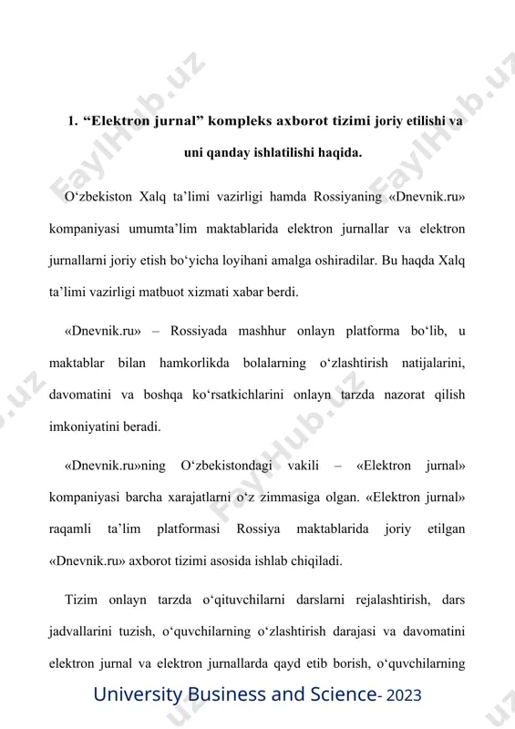 rtibi. dasturning o'ziga xos xususiyati dasturni mahalliy va internetda ishlash qobiliyatidir. dastur maktabda mavjud bo'lgan ma'lumotlar bazasi asosida ishlaydi, bu esa maktabni bir nechta ma'lumotlar bazalarini saqlash zaruratidan xalos qiladi. barcha fan o‘qituvchilari faoliyatida elektron sinf jurnalidan foydalanish maktabning yagona axborot maydonini barpo etishni yakunlaydi, unda o‘qituvchilar, ma’muriyat, o‘quvchilar va ularning ota-onalari birlashadi.maqsad “elektron sinf jurnali”ning joriy etilishi o‘quvchilar taraqqiyotini qayd etishning qog‘ozdan elektron shakliga bosqichma-bosqich o‘tish, oddiy hisoblash jarayonlarini avtomatlashtirishdir. · jurnaldan istalgan vaqtda, istalgan joyda internetga ulanish imkoniyati · qulay avtomatlashtirilgan ishlash monitoringi · baholar soni va to'liqligini nazorat qilish · hisoblangan ko'rsatkichlarning taqdimoti (o'rtacha baho, talabalar%, sda va boshqalar) · har qanday hisobotlarni tuzish to'liq avtomatlashtirilgan (shu jumladan qatnashish va etishmayotganlik sabablari) · o'qituvchilar va talabalarning ota-onalari o'rtasida to'g'ridan-to'g'ri muloqot qilish uchun vositalar · uy vazifasi va eslatmalar to'g'ridan-to'g'ri talabaning elektron kundaligiga o'tadi · qo'shimcha elektron materiallarni (fayllarni) taqdim etish imkoniyati · voqealar, jadval o'zgarishlari, almashtirishlar va …