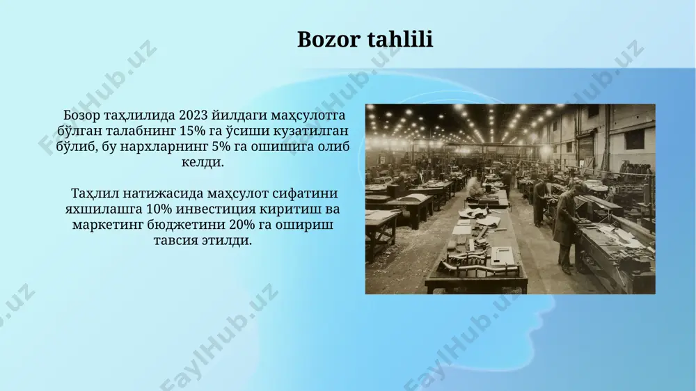 ab chiqarish jarayonining ta'rifi ishlab chiqarish jarayonining samaradorligi mehnat unumdorligi, chiqindilar miqdori va 20% dan kam bo'lmagan daromadlilik ko'rsatkichlari orqali baholanadi. samarali ishlab chiqarish jarayoni 3 ta asosiy omilga bog'liq: resurslarni samarali taqsimlash, texnologiyalarni optimal qo'llash va sifat nazorati tizimining 100% ishlashi. e'tiboringiz uchun rahmat @taqdimot_robot image2.jpg image3.jpg image4.jpg image5.jpg image6.jpg image7.jpg image8.jpg image9.jpg image10.jpg image11.jpg image12.jpg image13.jpg image1.png