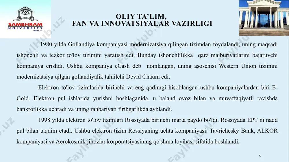 dagi pul mablag’laridan foydalanishda maksimal qulaylik yaratadi. biz mobil telefonimizni o’zimizning moliyaviy yordamchimiz sifatida emas, balki aloqa vositasi, fotokamera, mp3-pleyer sifatida ko’rishga o’rganib qolganmiz. endilikda ushbu mobil dasturi yoki sms-xabar yordamida qisqa muddatda to’lovlarni amalga oshirish imkoni paydo bo’ldi. u-pay sutkasiga 24 soat, haftada 7 kun ishlaydi! 14 oliy ta’lim, fan va innovatsiyalar vazirligi “u-pay” orqali quyidagilarga to’lov qilish mumkin: mobil aloqa internet shahar va xalqaro telefon aloqasi hizmati kommunal hizmatlar davlat bojlari mol-mulk va yer solig’i internet-do’konlardan xaridlar va boshqalar savdo-sanoat palatasi hizmatlari 15 oliy ta’lim, fan va innovatsiyalar vazirligi “click” elektron to’lov hizmati "click" – bu mobil internet-banking tizimi hisoblanib, u orqali mobil aloqa hizmatlari, internet-provayderlar, kommunal hizmatlar uchun to’lovlarni, shuningdek internet-do’konlaridan xaridlarni bevosita shaxsiy bank hisobidan yoki plastik kartochkasidan ustama haqisiz amalga oshirish imkonini beradi. “click” – asosiy qulayliklar va ustunliklar: masofadan turib ustama haqisiz, tun-u kun (24/7 rejimida) to’lovni amalga oshirish imkoniyati; mobil qurilmangizga maxsus dastur …