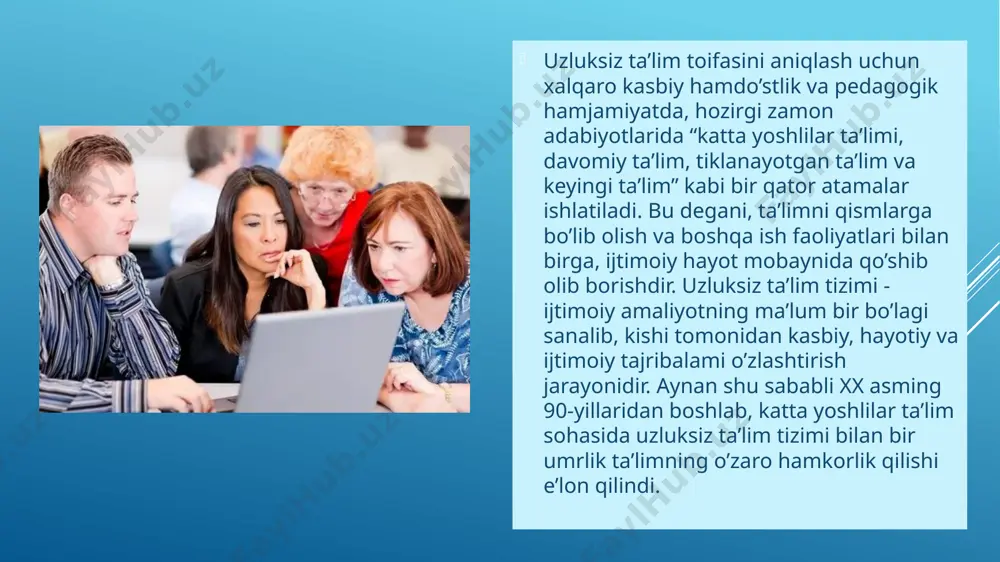 chi) harakterda bo’lib, u faqat amaliy faoliyatda o ’z ahamiyatini ko’rsatadi, uning sifat darajasi esa uzluksiz ravishda o ’sib boradi yoki pasayib umuman yo’qolib ketadi. kompetentlik darajalari - bu uning sifati, ya’ni, yuksalib borish qobiliyatining o ’ziga xos m e’yorlari xisoblanadi. ular orasida quyidagilami ajratish mumkin: empirik (ya’ni, kunlik amaliy tajribalar tufayli shakllangan ishni tushuna bilish); nazariy (ya’ni, ilm-fanning kerakli va zarur qismini o’zlashtirish davomida bilimlarni shakllantirish; metodologik (ya’ni, o’z kasbida konsteptual yo’lni qurish va uni tushuna olish). bu erda kishidagi mavjud nazariy va amaliy bilimlar integratsiyasi (yaqinlashuvi) e ’tiborga olinadi. hozirgi zamon ishlab chiqarish texnologiyalarining yuksalishi bilan, hayotning barcha jabhalarida axborot texnologiyalariga katta ehtiyoj sezilmoqda, mazkur xolat shaxs oldiga aniq talablar qo’yadi. uzluksiz ta’lim tuzilmasida ikki tur mavjud: rasmiy va norasmiy. rasmiy ta’lim davlat tomonidan reglamentlanadi va tayyorlanadi, bunday reglamentatsiya turlari qo’llanmasi - bu standartlar, aniq bir turdagi ta’limiy tizim bo’lib, ular qonun bilan belgilanadi. rasmiy ta’limga ega odamlar …