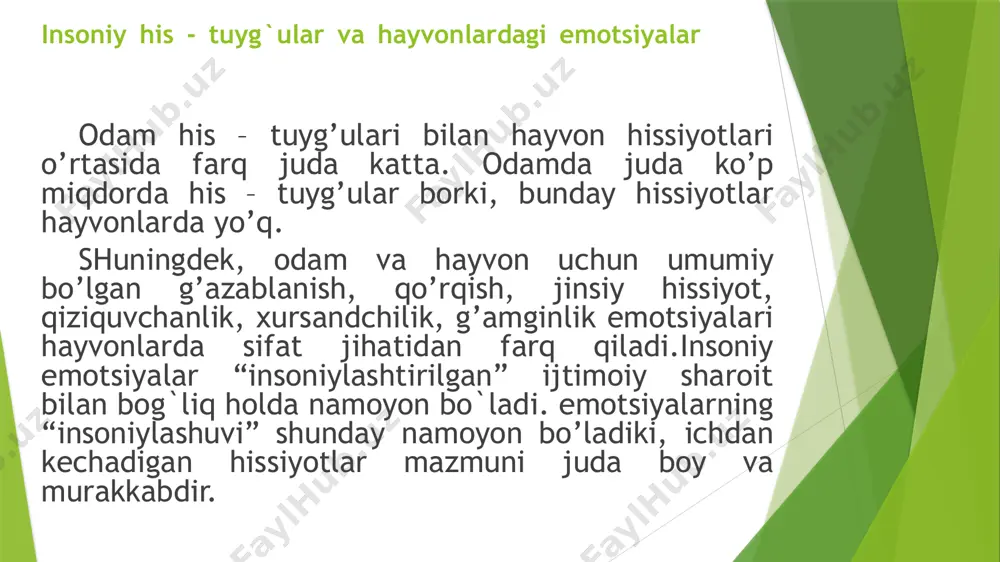 shg`ulot, xushchaqchaq sayohat, og`ir ish kabilar. stress - jiddiylik holati. keskin vaziyat sababli yuzaga keladigan emotsional holatlar stress yoki jiddiylik holati deb ataladi.. stress holatining paydo bo`lishi va o`tishining psixologik xususiyatlarini bilish uchuvchilar, kosmonavtlar, elektrostantsiya operatorlari, dispetcherlar, mashinistlar, haydovchilar, sud’yalar, korxona rahbarlari, o`quvchilardan imtixon oladigan pedagoglar va boshqalar uchun ham muhimdir. yuksak hislar hissiy jarayonlarning har xil shakllari normal odamda alohida yakka holda mavjud bo`lmaydi. yuzlab va minglab kechirilayotgan emotsiyalar, affektlar, kayfiyatlarda aniq yashaydigan umumlashtirilgan hislar yuksak hislar deyiladi. yuksak hislar o`z tarkibiga birmuncha soddaroq turli hislarni oladi. insoniy faoliyatning qaysi bir turi, yoki qaysi bir sohasi hislarning qaysi birining asosi ekanligiga qarab yuksak hislarning muhim turlari; praksik (amaliy), axloqiy, intellektual, estetik hislarga ajratiladi. praksik hislar. inson amaliy hayotining istalgan sohasi maqsadga muvofiq aqliy faoliyatga shaxsning ularga nisbatan muayyan munosabatda bo`lish sohasiga aylanib qoladi. bu birinchi navbatda odam biror maqsadni anglabgina qolmay, uni e`tirof etadigan yoki inkor qiladigan, bu maqsadlarga …
