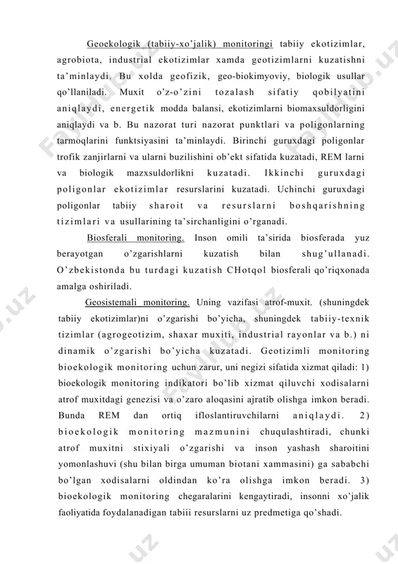 xodisalarni oldindan ko’ra olishga imkon beradi. 3) bioekologik monitoring chegaralarini kengaytiradi, insonni xo’jalik faoliyatida foydalanadigan tabiii resurslarni uz predmetiga qo’shadi. tabiii muxitni o’z-o’zini tozalashning tabiiy xolatini aniqlashda rem ni ko’rsatkichlari va me’yoriy miqdoriy ko’rsatkichlarini ekologik baxolash muxim axamiyatga ega. bu qobilyat tabiiy ekotizimlarda ma’lum trofik va boshqa aloqalarni aniqlaydi (komponentlar oralig’ida konsumentlar, produtsentlar, redutsentlarni o’zaro bog’liqligi) tabiiy biologik modda almashuvining xajmi va intensivligini aniqlaydi. shuning uchun xam geoekologik, geotizimli monitoring kuzatishlardagi indikatorlar tarkibiga o’z-o’zini tozalash ko’rsatkichlarini kiritish tabiiy ekotizimlarni ifloslantiruvchi maxsulotlari bilan to’lib bo’lganligini qayd qilish natijasida geotizimlarni turli maishiy va sanoat chiqindilari bilan ruxsat etilgan nagruzkani prognozlashtirish imkoni vujudga keladi, o’z-o’zini tozalash qobilyati va ren (nagruzka) tabiii ekotizimlarni bosh tiplaridagi trofik aloqalar va biologik modda almashuvi intensivligini o’rganish bilan aniqlanadi (gerasimov 1985 y). ma’lumki, tabiatda tabiiy, dinamik ekologik muvozanat mavjud bo’lib, agarda bu muvozanat buzilsa tabiiy muxit xam degradatsiyaga uchraydi. aslida bu bilan tabiiy ekotizimlarni tubdan buzilishi ro’y berib, …