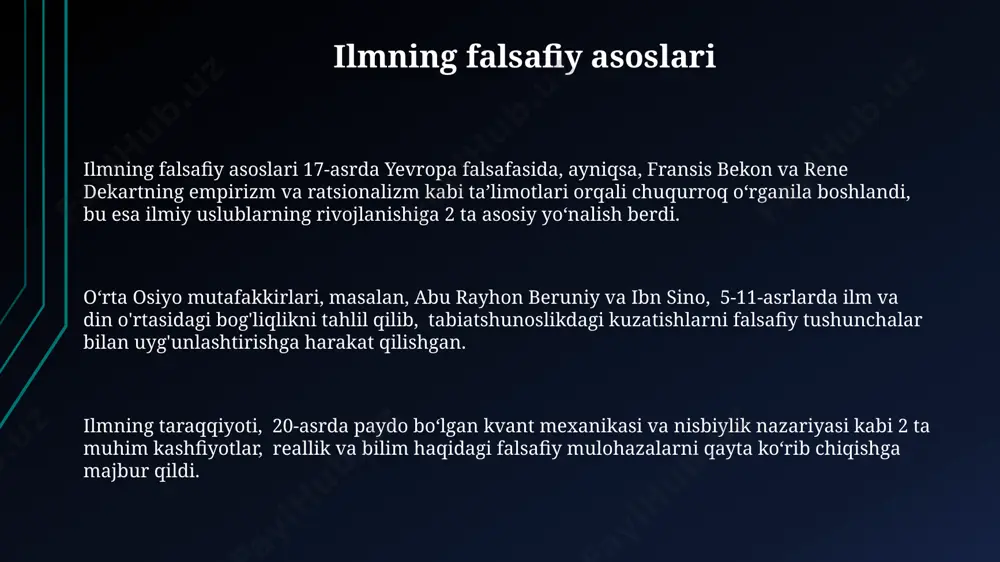 tiq ilmiy asarlarning yaratilishiga olib keldi. zamonaviy fan, falsafa va dinning munosabati, 21-asrda, global miqyosda, 3 ta asosiy nuqtai nazar – ateizm, deizm va teizm – orqali 1000 dan ortiq ilmiy tadqiqotlar va falsafiy risolalarda muhokama qilinadi. dinning ilmiy jihatlari markaziy osiyo mintaqasida, xususan, oʻzbekistonda 1500 dan ortiq qadimiy qoʻlyozmalar saqlanib qolgan boʻlib, ularning tarixiy va ilmiy ahamiyati katta, bu esa tarix va arxeologiya fanlarining rivojlanishi uchun muhimdir. dunyodagi 7000 dan ortiq tilning 20% dan ortigʻi yoʻqolib ketish xavfi ostida ekanligi, shuningdek, tilshunoslik va antropologiya sohalarining ushbu muammoning hal etilishiga hissa qoʻshishi haqida 2023-yilgi maʼlumotlar mavjud. 19-asr oxiri va 20-asr boshlarida yevropada paydo boʻlgan 3 ta yirik falsafaviy maktab, pozitivizm, pragmatizm va ekzistensializm, dinning ilmiy jihatlarini tushunishga oʻz taʼsirini koʻrsatdi. e'tiboringiz uchun rahmat @taqdimot_robot