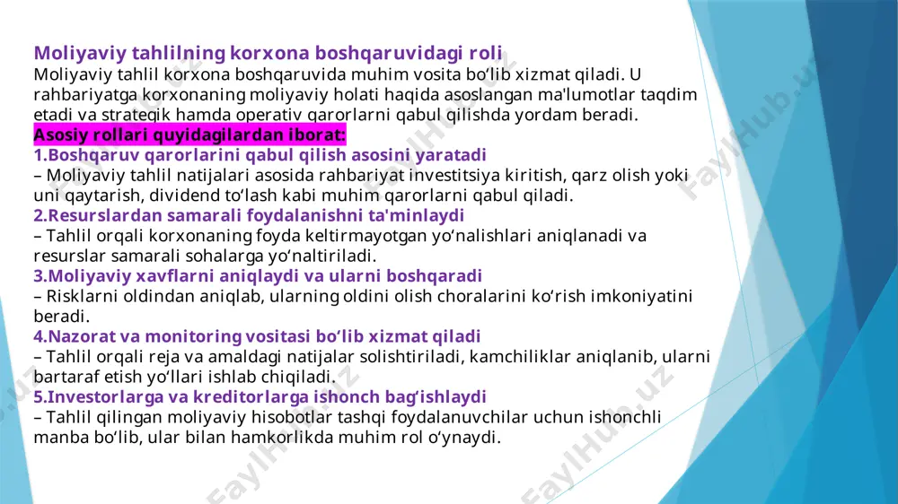 vidlik, barqarorlik, rentabellik, risk darajasi va boshqalar. moliyaviy tahlil tamoyillari moliyaviy tahlil samarali va to‘g‘ri bo‘lishi uchun u bir nechta tamoyillarga asoslanadi. eng muhimlaridan uchtasi quyidagilardir: 1. aniqlik tamoyili bu tamoyil tahlilda ishlatiladigan ma’lumotlarning to‘g‘ri, real va ishonchli bo‘lishini talab qiladi. ✅ ma’nosi: noto‘g‘ri yoki noto‘liq ma’lumotlar xatoli xulosalarga olib keladi. ✅ manba: moliyaviy hisobotlar, buxgalteriya balanslari, daromad va xarajat hujjatlari. ✅ natijasi: real vaziyatni aniq ifodalovchi tahlil va ishonchli qarorlar. 2. tizimlilik tamoyili bu tamoyil tahlilning korxonaning barcha moliyaviy jihatlarini o‘zaro bog‘liq holda ko‘rib chiqishini anglatadi. ✅ ma’nosi: biror ko‘rsatkichni alohida emas, tizim sifatida, boshqa ko‘rsatkichlar bilan bog‘liq holda tahlil qilish. ✅ masalan: foyda, rentabellik, likvidlik, qarzlar va aktivlar o‘zaro bog‘liq holda o‘rganiladi. ✅ natijasi: umumiy moliyaviy holatga to‘liq baho berish imkoniyati paydo bo‘ladi. 3. doimiylik (davriylik) tamoyili bu tamoyil tahlilning muntazam, belgilangan davrlar oralig‘ida o‘tkazilishini ta’minlaydi. ✅ ma’nosi: tahlil faqat muammolar paydo bo‘lganda emas, balki doimiy ravishda olib …