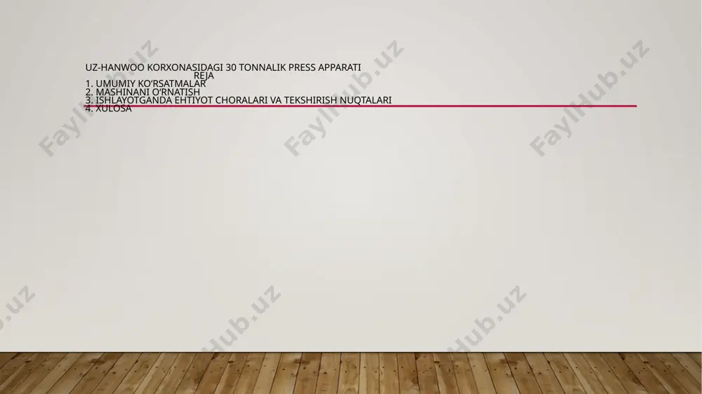 avomida ishlatiladi). asosiy plitani qo’yish va taglik plitasiga mashinani o’rnatish, poydevor murvatlarini joylashtirish va darajani nazorat qilish uchun yetarli darajada tortish kerak. 3) tekislash mashina darajasi mashinaning aniqligi va ishlash muddatiga bevosita ta’sir qiladi. aniq tekislashni amalga oshirish kerak. mashinani o’rnatgandan so’ng, ustundagi yog’ va changni olib tashlash kerak aniq darajani qo’yish (1m uchun 0,02-0,5 mm), uni har tomondan harakatga keltirish va darajani 0,5 mm va undan pastroq qilib qo’yish kerak. darajani tekshirgandan so’ng, poydevor murvatlarini to’liq tortish va mashinani ishga tushirish mumkin bo`ladi. 4) yog ‘ idishi mashina ishlagandan so’ng ishlashdan oldin moy bilan yog’lanishi kerak. birinchidan, moylashdan oldin idishning ichki qismini tozalash kerak. tozalashda, ortiqcha narsalar yo’qligini tekshirgandan so’ng, moy bilan moylash kerak agar iloji bo’lsa, chang bak atrofida ko’tarilmasligi kerak. bak atrofini har doim tozalash kerak. bakdagi aralashmalar gidravlik asbobga shikast yetkazishi mumkin, tankga texnik xizmat ko’rsatish juda muhim bo’lishi mumkin. 3. ishlayotganda ehtiyot choralari va tekshirish …
