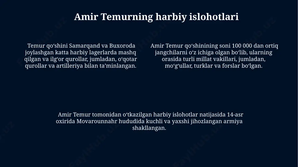lik askarni magʻlub etdi. temur tomonidan qoʻlga kiritilgan yerlar orasida oltin ordaning poytaxti saroy va hozirgi rossiya, qozogʻiston hududlaridagi keng hududlar boʻlib, bu uning markaziy osiyodan tashqarida katta taʼsirga ega boʻlishini koʻrsatadi. amir temur 1380-yillarda moʻgʻulistonning qaraqorum shahrini egallab, 100 000 dan ortiq qoʻshinini yoʻq qilib, buyuk moʻgʻul imperiyasining shimoliy qismlariga jiddiy zarba berdi. eronni zabt etish eronni zabt etish davrida amir temur yuz minglab askarlarni safarbar qildi va fars, xorazm va movarounnahrdan qo'shinlarni jalb qildi. amir temur 1387-yilda oltin orda xonligining shimoliy hududlarini zabt etib, saroy va boshqa bir qancha shaharlarni egallab oldi. temurning eronni zabt etish jarayoni 1380-yillarning boshlaridan boshlanib, taxminan 15 yil davom etdi va tabriz, isfahon kabi yirik shaharlarni o'z ichiga oldi. hindiston yurishi amir temur hindiston yurishi davomida 1398-1399 yillarda dilli, multan va lahor kabi yirik shaharlarni egallab oldi, bu yurishlar natijasida katta miqdordagi boylik va asirlar qo‘lga kiritildi. hindiston yurishi natijasida amir temur sindi …