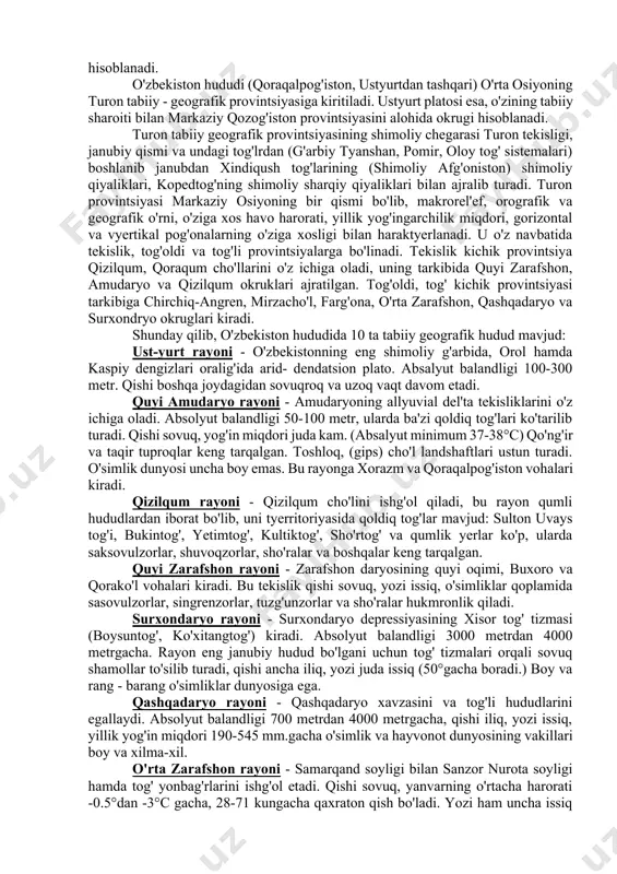 voqzorlar va boshqalar. saksovulni ikkinchi turi qorasaksovul va boshqa sho'radoshlar oilasining vakillari esa sho'rxok tuproqlarda (cho'l zonasida) uchraydi. respublikamizning adir zonalarida qo'ng'irbosh, qorabosh, chig'ir, oqquray, sug'd shuvog'i tusan kabi o'simliklar jamoalaridan iborat guruhlar keng tarqalgan. cho'l zonasigina o'simliklar oilasi il bo'yi foydalaniladigan qora ko'l qo'ylari uchun o'tloqzorlar hisoblanadi. adir zonasining o'simliklari esa chorva mollari uchun bahorgi ozuqa manbai vazifasini o'taydi. adir zonasining baland qismida (800-1200 metr balandliklarda) tog'arpa, andiz, guljayri, qo'ziquloq, shuvoqlar o'sadigan dashtli hududlardan iborat. toshli, shag'alii tuproqlarda bodomcha, tuyashinri, olcha kabi daraxt va butalar tarqalgan, daryo va soylarning bo'ylarida va vohalarda tol, tyerak, jiyda, yulg'un kabi o'simliklar tarqalgan. bulardan tashqari cho'l hududlarida to'qayzorlarni uchratamiz, ulardan qamish, kejdir, yulg'un, oqbosh kabi o'simliklar jamoalari tarqalgan. tog' zonasining xilma-xil rel'efi va tabiati bu yerlarda turlarga boy o'simliklar olamini tarqalishiga sabab bo'lgan. bu zonalarda uncha qalin bo'lmagan hamda cheklangan maydonlardagi quyidagi formatsiyalar vakillarini uchratamiz: yong'oq, olma, tog'olcha, do'lana, chetan, namatak, chakanda, hamda …