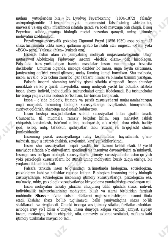 min qilgan edi. insonning o`zini o`rab turgan atrof dunyoni o`rganishga urinishi – bu ruhning tanga kirgunga qadar mushohada etgan abadiy g`oyalar olami haqidagi xotirotlaridir. aflotun uchun inson ideali - donishmand, faylasuf bo`lib, uning ruhi ko`p «sayr qilgan» va shu sababli uning bilimlari eng to`g`ri va qimmatlidir. bunday komil faylasufni arastu «o`zini tafakkur etuvchi tafakkur» deb atagan edi. inson haqidagi ta`limotni rivojlantirishga antik materialistlar demokrit, epikur, lukresiy kar va boshqalar salmoqli hissa qo`shdilar. ularning qarashlariga ko`ra, inson hayotining maqsadi - ongli lazzatlanish, azob- uqubutlarga chap berish, ruhning sokin va tinch holatiga erishishdir. shu sababli ular falsafaning asosiy vazifasi insonga baxtli bo`lish yo`lini ko`rsatishdan iborat deb hisoblaganlar. ularning fikricha, jon ayrim atomlardan tashkil topgan va o`limga mahkum, tana halokatga uchragandan so`ng atomlar yemiriladi. inson o`limdan qo`rqmasligi kerak, zero toki u hayot ekan - o`lim yo`q, o`lim kelganda esa inson yo`q bo`ladi. sharq-musulmon falsafasi doirasida inson muammosiga ikki xil yondashuvni ko`rish mumkin. ulardan …