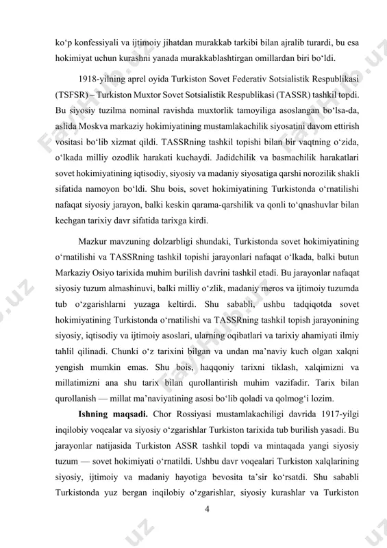a bolsheviklar yakkaboshchilik tizimining o‘rnatilishi tahlil qilishdir. ishning ilmiy ahamiyati va yangiligi. 1917-yilda turkistonda boshlangan siyosiy-ijtimoiy jarayonlar inqilobiy o‘zgarishlar, hokimiyat uchun kurash va yangi siyosiy tuzum shakllanishi bilan kechdi. ushbu jarayonlar natijasida mintaqada sovet hokimiyatining o‘rnatilishiga asos solindi va 1918-yilda turkiston muxtor sovet sotsialistik respublikasi (turkiston assr) tashkil topdi. mazkur voqealar turkiston xalqlarining siyosiy hayotida tub burilish yasab, mintaqada yangi davlatchilik shaklining vujudga kelishiga zamin yaratdi. shu sababli 1917-yil voqealari va turkiston assrning tashkil topishi jarayonlarini o‘rganish tarixiy jihatdan muhim ahamiyatga ega. chor imperiyasi ag‘darilishi jarayonida yuz bergan keskin siyosiy o‘zgarishlar, yangi hokimiyat — muvaqqat hukumatning shakllanishi va uning turkiston o‘lkasidagi siyosiy, ijtimoiy va iqtisodiy hayotga ko‘rsatgan ta’sirini o‘rganish muhim tarixiy vazifa hisoblanadi. ushbu davr voqealari turkiston xalqlarining keyingi taqdirini belgilab bergan bo‘lib, mintaqada inqilobiy kurashlar, milliy ozodlik harakatlari va sovet hokimiyati o‘rnatilishiga yo‘l ochib berdi. shu sababli 1917-yilgi siyosiy o‘zgarishlarning turkistondagi ijtimoiy-siyosiy jarayonlarga ta’sirini ilmiy jihatdan o‘rganish alohida ahamiyat …
