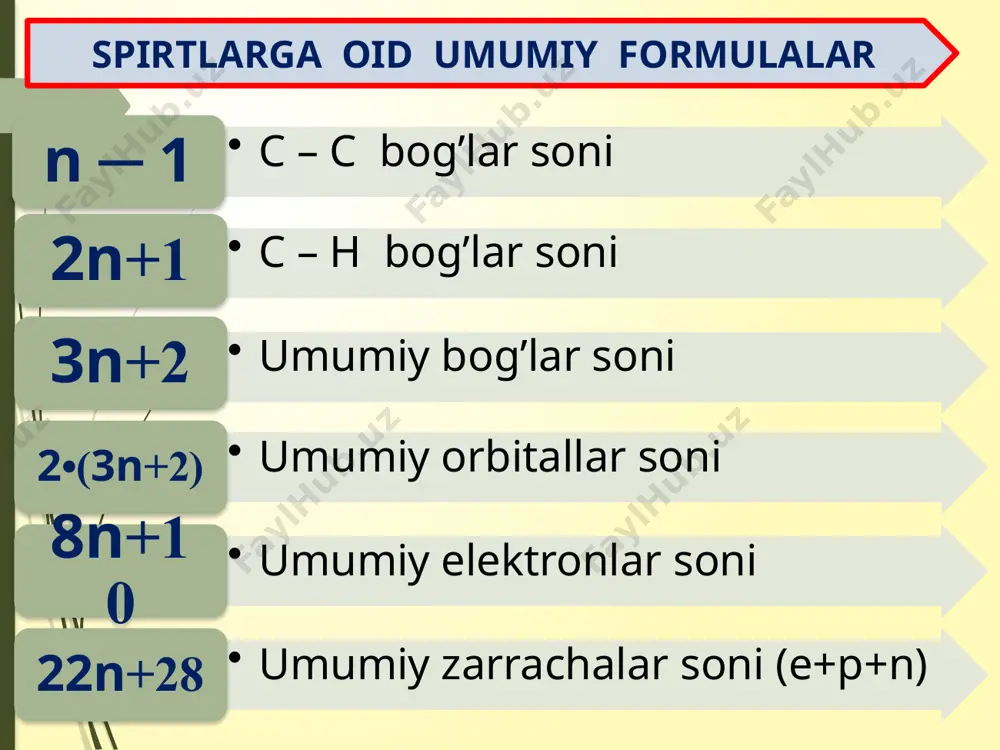 i. spirtli ichimliklar iste’mol etish inson umrini qisqartiradi, ayniqsa, bolalikda va yoshlikda a’zolarga katta zarar yetkazadi. ichish insonning jigari, miyyani degenerativ o’zgarishiga va ayniqsa nasliga salbiy ta’sir ko’rsatadi. vakillari metanol – alkaloidlarda, o’simlik moylarida, masalan jasmin o’simligida uchraydi. metanol yog`ochni quruq haydalganda 1-2% hosil bo`ladi, bundan tashqari 5-10% sirka kislota 0,2-0,5% aseton ham chiqadi. toza metanol – rangsiz, zaharli suyuqlik. xidi etanolga o`hshaydi. texnik maqsadlarda ishlatiladigan metanolni xidi toza metanolnikidan farq qilib kuygan modda hidini eslatadi. metanol ko`p qismi formaldegid tayyor ishlatiladi. etanol c2h5oh dan olingan dietilefir – narkoz sifatida, etilxlorid – ayrim joylarni og`riq sezmaydigan qilishda. etanol tibbiyotda dezinfeksiyalovchi vosita sifatida foydalaniladi. izopentil spirt – sut mahsulotlarini yog’liligini aniqlashda reagent sifatida ishlatiladi. suvsizlantirilgan spirt absolyut spirt deyilib ilmiy tekshirish instituti labarotoriyalarida analiz qilish va sintez ishlari uchun suvsizlantirilgan ( absolyut spirt ) ishlatiladi. absolyut spirt tayyorlash uchun spirt suvsizlantirilgan ohak bilan 6-8 soat davomida qaynatiladi va so’ngra haydaladi. i …