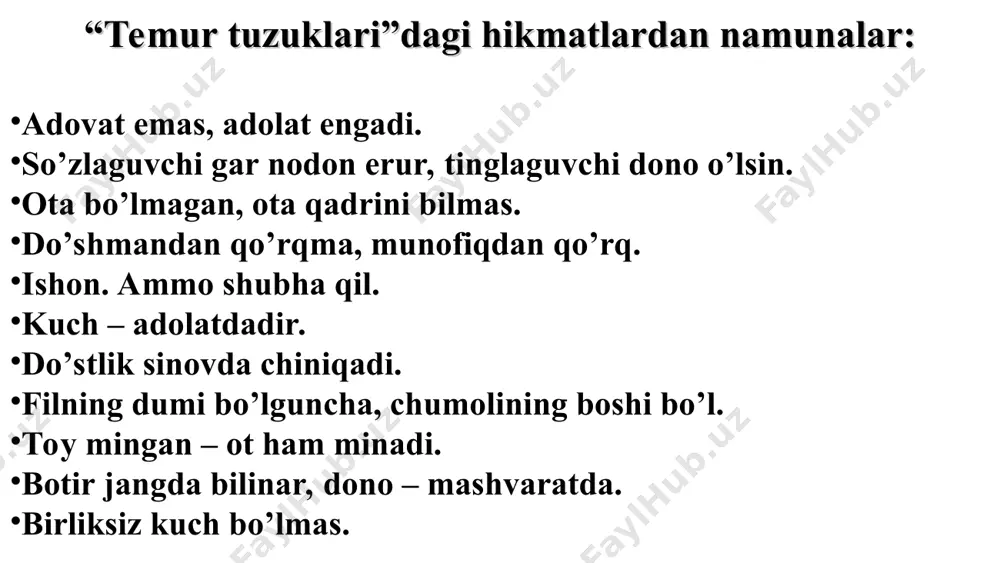 mi, gadomi – inson nomiga munosib bo’lishlikni talab etadi. navoiyning fikricha, yaxshilikning, odamiylikning mezoni – bu xalq g’am tashvishi bilan yashashdir: odamiy ersang, demagil odamiy oniki, yo’q xalq g’amidin g’ami. alisher navoiy “qanoat” to’g’risida. qanoat buloqdur-suvi olgan bilan qurimaydi; xazinadir – naqdisi sochgan bilan kamaymaydi, ekinzordir – urug’i izzat va shavkat mevasi beradi; daraxtdir – shoxi tortinchoqlik va hurmat mevasi etkazadi. alisher navoiy “sabr” to’g’risida. sabr achchiqdir – ammo foyda beruvchi, qattiqdir – ammo zararni daf etuvchi... sabr shodliklar kalitidir va bandlar ochqichidir. u o’rtoqdir – suhbat zerikarli, ammo maqsadga olib boruvchi; ulfatdir – umidi uzun, ammo oxiri istakka eltuvchi. ulovdir – yurishi taxir, ammo manzilga eltuvchi; tuyadir – qadami og’ir, lekin bekatga tushirguvchi. alisher navoiy “muruvvat va saxovat ” to’g’risida. saxovat insoniyat bog’ining borvar shajaridur (boqiy ildizidir), balki ul shajarning mufid samaridur (hosilasidur). odamiylik kishvarining bahri mavjvari (odamiylik dengizining mavjlari), balki ul mavj bahrining samin gavhari... ma’dumlikda (insoniy fazilat …