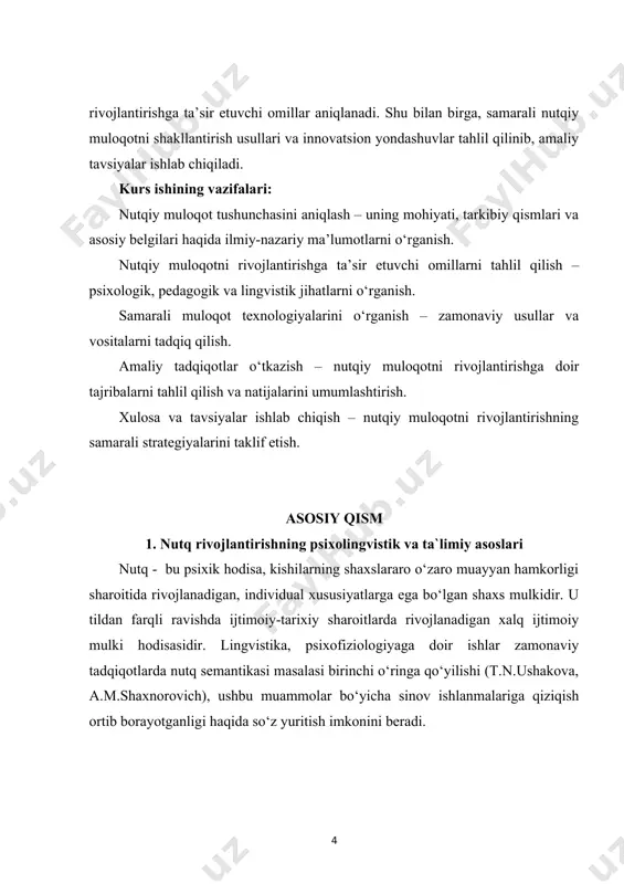 umumlashtiruvchi nomlari bilan tanishtirish, qiyoslashda qarama-qarshi ma'noli (antonimlar) so‘zlardan foydalanishga, ko‘rgazmali vaziyatga tayanmasdan lug‘atdan foydalanishga undash. grammatik qurilish. yangi so‘zlarni grammatik jihatdan o‘zgartirishga va gapdagi so‘zlar bilan kelishtirishga undash. so‘zlar va ularning shakllarini mustaqil ravishda hosil qilish, nomlar o‘rtasidagi rasmiy-semantik aloqalarni tadqiq qilishning o‘ziga xos bolalarcha usuli sifatida so‘z ijodkorligidan foydalanish. narsalar va hodisalar o‘rtasidagi aloqalarga oid o‘z tushunchalarini murakkablashtirilgan gap tuzilmasi (yoyilmagan oddiy, bog‘langan qo‘shma gap va ergashgan qo‘shma gap) orqali aks ettirish . nutqning tovush madaniyati. fonematik qabul qilishni rivojlantirish (berilgan u yoki bu tovushni talaffuzda ajratish va so‘zda eshitish qobiliyati). artikulyatsiyani, unlilarni va oddiy undosh tovushlarni aniq talaffuz qilish, shovqin bilan chiquvchi va sonor tovushlarni to‘g‘ri talaffuz etishni o‘zlashtirish qobiliyatini takomillashtirish. nutqning ifoda jihatini, nutq sur'atini, ovoz kuchini, nutqiy nafasni erkin tartibga solish qobiliyatini rivojlantirishbolalarga ona tilini o‘rgatish va ularning nutqini rivojlantirishga doir ishlar maktabgacha tarbiya muassasasidagi ta'lim-tarbiya ishlari ichida alohida o‘rin tutadi. ushbu ishning m a …