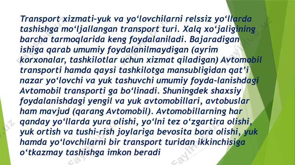 diyoti rivojlangan mam-lakatlarda tashilgan yuklarning umumiy hajmida avtomobil transporti hissasi katta salmoqqa ega. buyuk britaniya, fransiya, gfr, yaponiya, kanada, rossiyada avtomobil transporti taraqiy etgan. aqshda yuk avtomobil parki turli sa-noat va savdo kompaniyalari, korxonalar va ayrim shaxlarga tegishli bo‘lib, jami avtotransport vositalarining 10% umu-miy foydalanishdagi yuk tashish kompa-niyalariga to‘g‘ri keladi. 20-asr boshlarida paydo bo‘ldi, unga qadar ot-ulov asosiy transport vositasi bo‘lgan. dastlabki avtobus katnovi 1906 yilda farg‘ona – marg‘ilon marshrutida yo‘lga qo‘yilgan. toshkentda birinchi avtobus 1909 yildekabrda qatnay boshladi, 1910 yil chet ellarda ishlab chiqarilgan 8 ta kichik va 1 ta 40 o‘rinli avtobus ishladi.1921 yilda avtomobil transporti ixtiyorida 40 yengil va 15 yuk avtomobili hamda toshkent avto-mobil ta’mirlash ustaxonasi bo‘lgan. 30-yillarda avtomobil transporti rivojlanishi bilan qattiq qoplamali yo‘llar qurilishi boshlandi, ta’mirlash va texnik xizmat ko‘rsatish korxonalari, kadrlar tayyorlaydigan o‘quv yurtlari ochildi. 1939 yil 25 iyulda o‘zbekiston avtomobil transporti xalq komissarligi tashkil etildi 50-yillarda avtotransportda yuk va yo‘lovchilar tashish o‘sdi. …