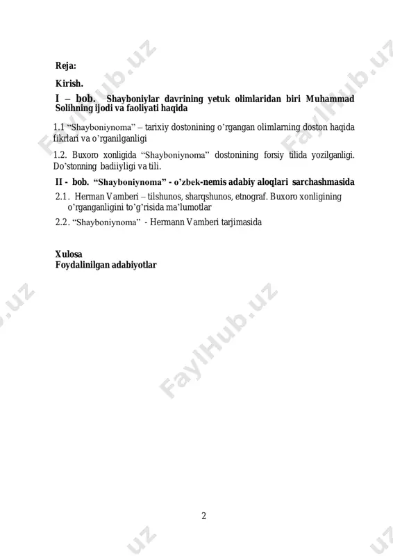 aniga, o’zidan keyin nimalar qoldirganiga qarab baho berish lozimdir.prezidentimiz bildirgan fikrning siyosiy ahamiyati shundaki, xv asrning oxiri va xvi asrning boshlarida, sanani shayboniyxonning samarqand taxtini egallashidan belgilasak, 1500 yili yurtimizda hokimiyat almashuvi yuz berdi, hokimiyat temuriylardan shayboniylar qo’liga o’tdi, el-yurt o’z joyida qolaverdi, o’zbek milliy davlatchiligi davom etaverdi. muhammad solihning ijodi va faoliyati haqida muhammad solih o’zbek adabiyotining ulkan namoyondalaridan biridir. navoiy va bobur kabi atoqli so’z san’atkorlari tomonidan iste’dodli shoir sifatida ta’riflangan muhammad solihning o’zbek va fors-tojoik tillarida yaratgan she’rlarida ayrim parchalargina saqlanib qolgan, xolos. uning epik ijodi - “shayboniynoma” esa bizga qadar to’la yetib keldi. o’zbek klassik adabiyotida birinchi tarixiy doston bo’lgan “shayboniynoma”, ayrim tendentsioz xususiyatlariga qaramay, ikki sulola: temuriylar bilan shayboniylar o’rtasidagi urushlarning dahshatli manzaralarini tasvirlashi, badiiy uslubi va tili bilan o’tmish adabiyotning qimmatli bir yodgorligidir.muhammad solih 1455 yilda xorazmda tug’ilgan. uning bobosi amir shoh malik ulug’bekning vasiysi va tarbiyachisi bo’lib, temur va ulug’bek saroylarida katta obro’ga …